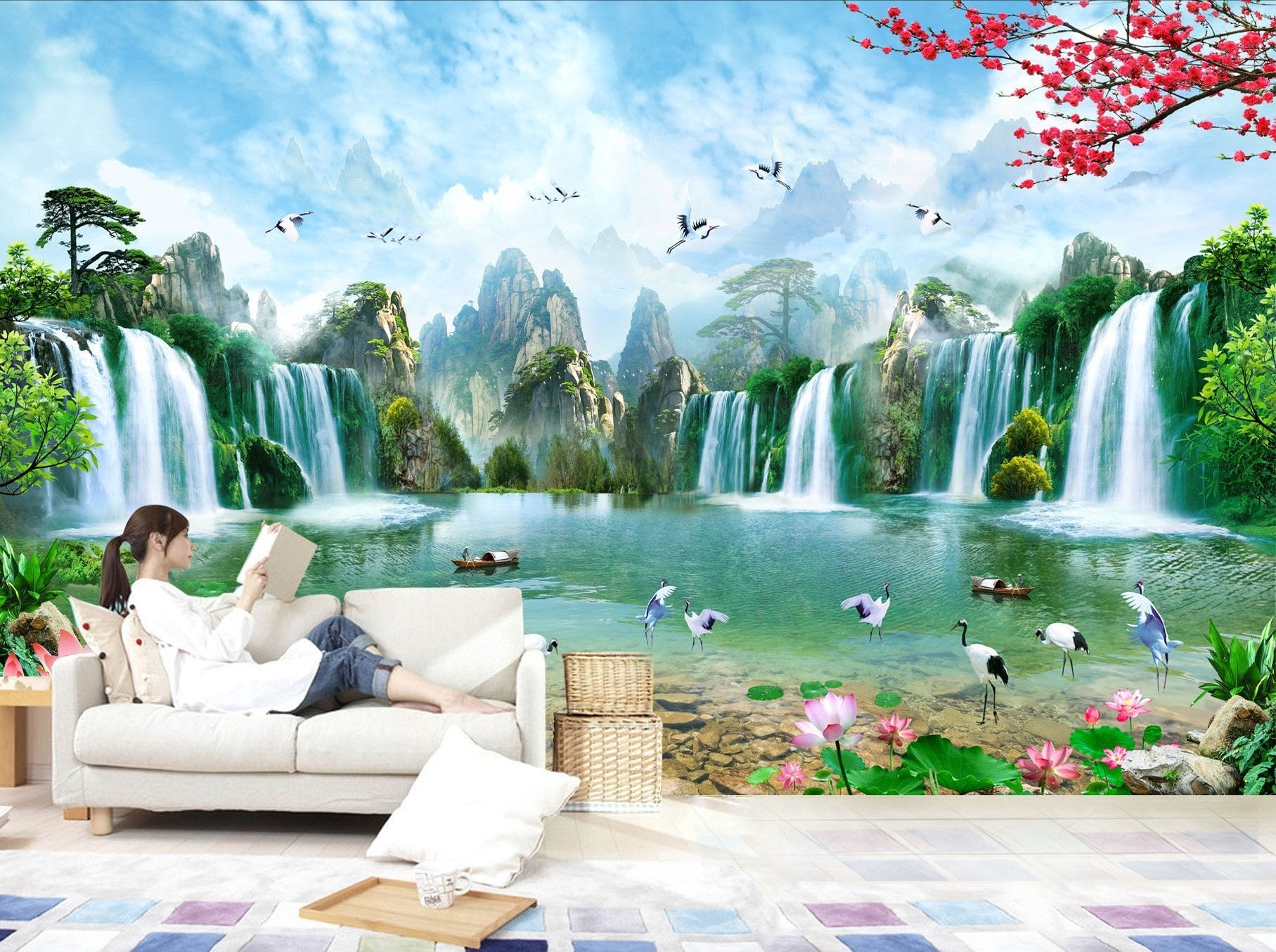 3D Waterfall Fisherman Crane 320 Wallpaper AJ Wallpaper 