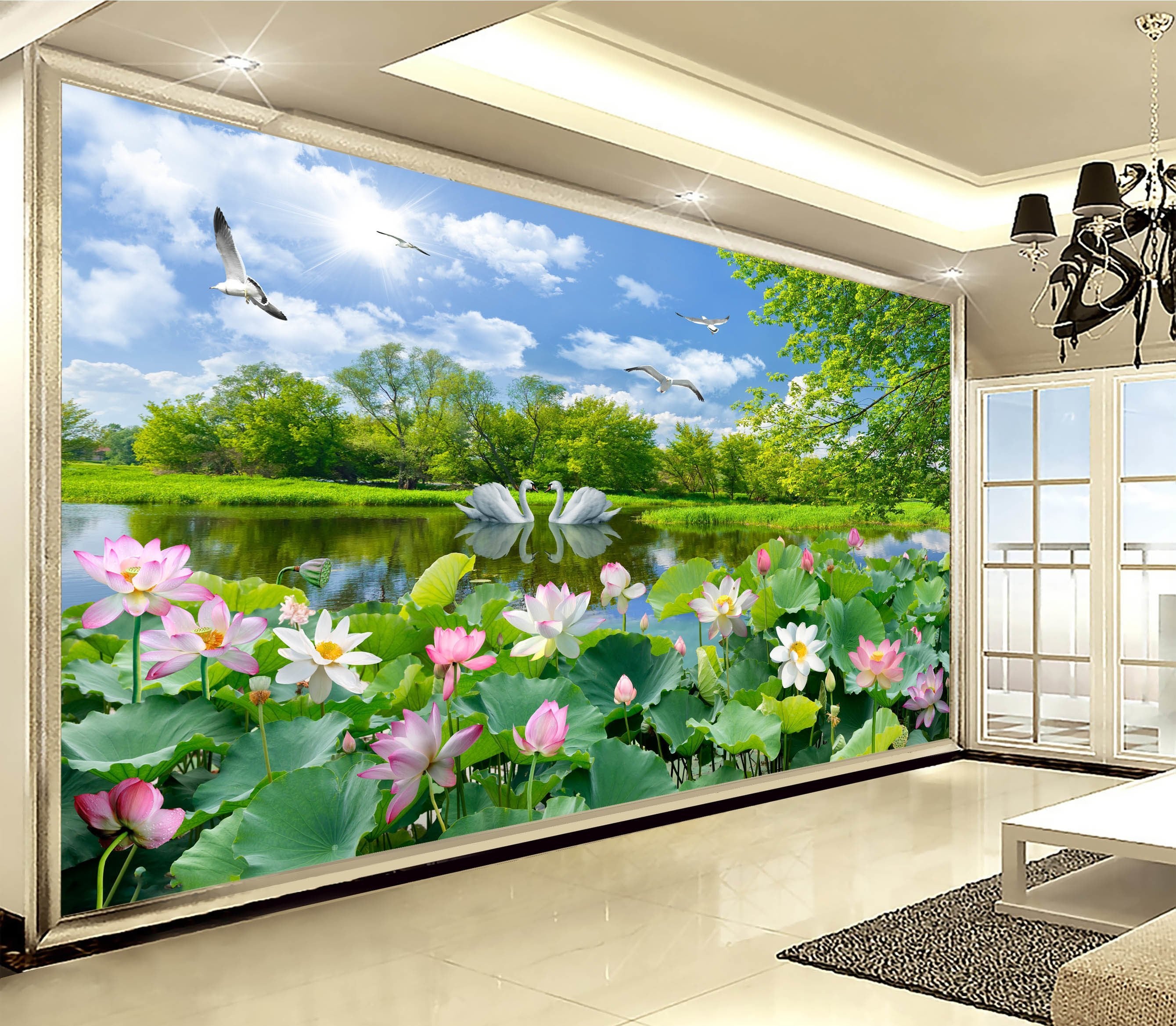 3D Lotus Pond Swan 290 Wallpaper AJ Wallpaper 