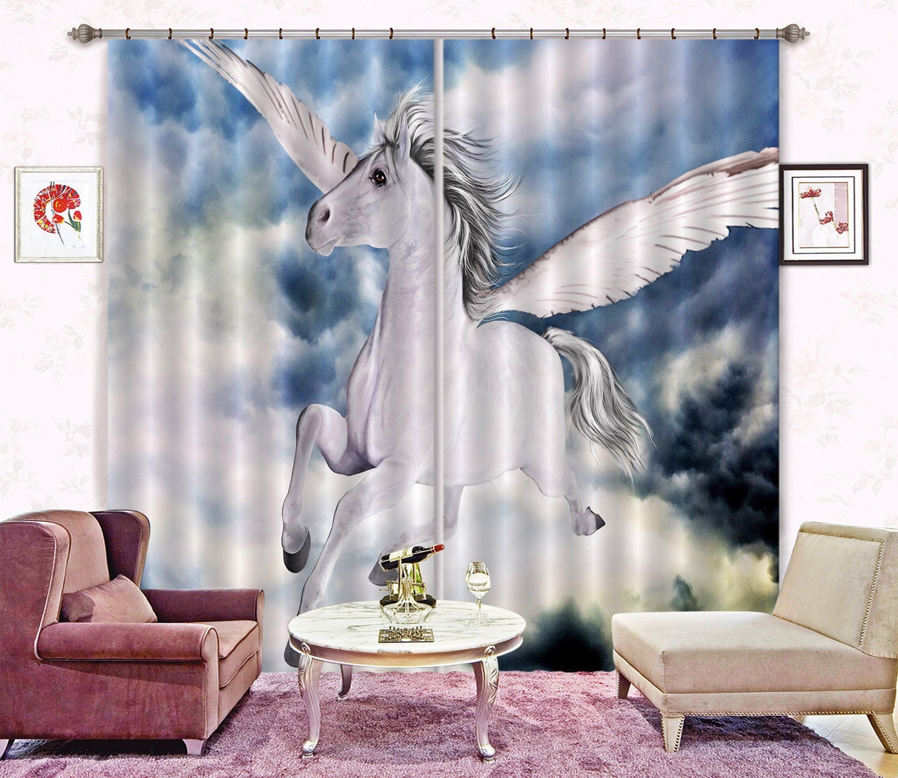 3D Flying White Clouds Unicorns 101 Curtains Drapes Curtains AJ Creativity Home 