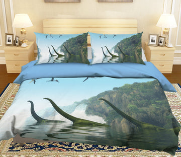 3D Brontosaurus Cross The River 082 Bed Pillowcases Quilt Wallpaper AJ Wallpaper 