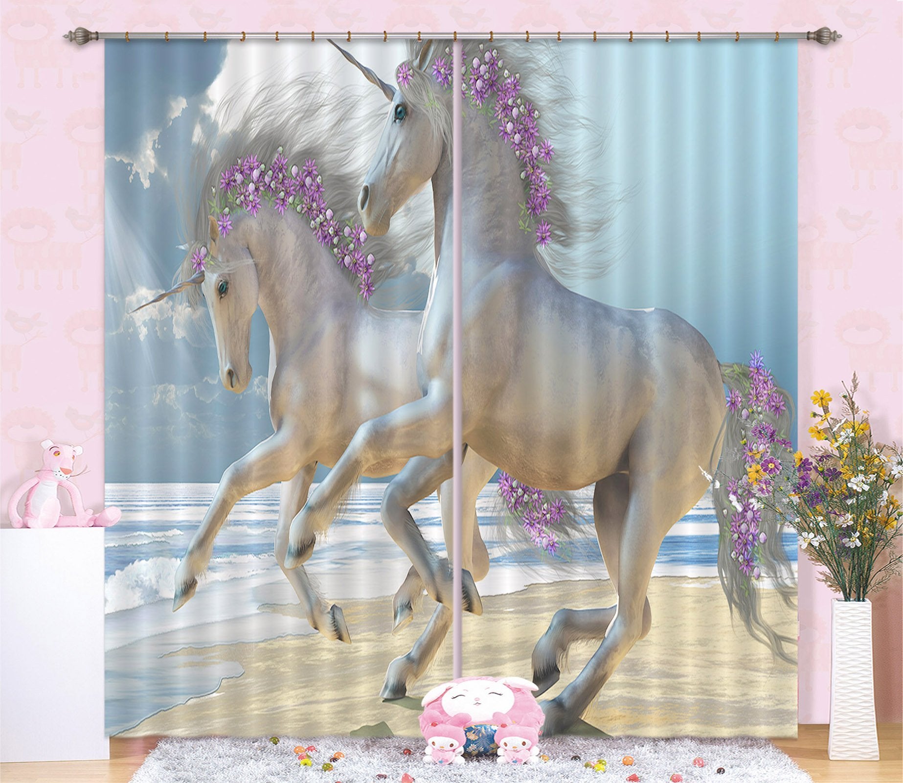 3D Flower Unicorns 098 Curtains Drapes Curtains AJ Creativity Home 