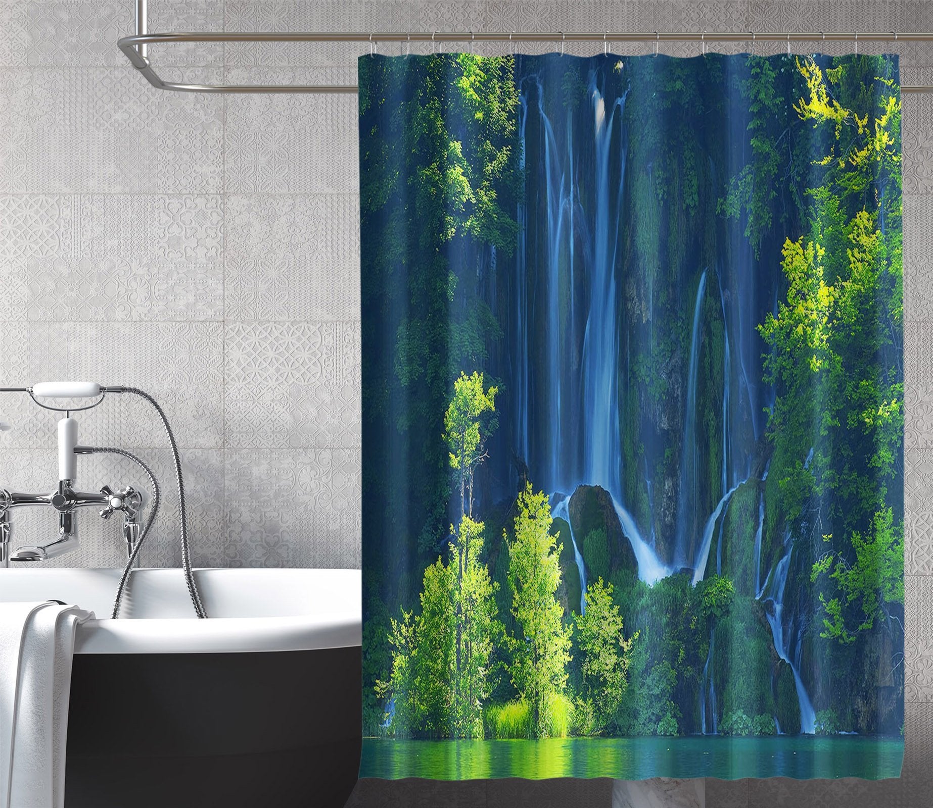 3D Cliff Waterfall 031 Shower Curtain 3D Shower Curtain AJ Creativity Home 