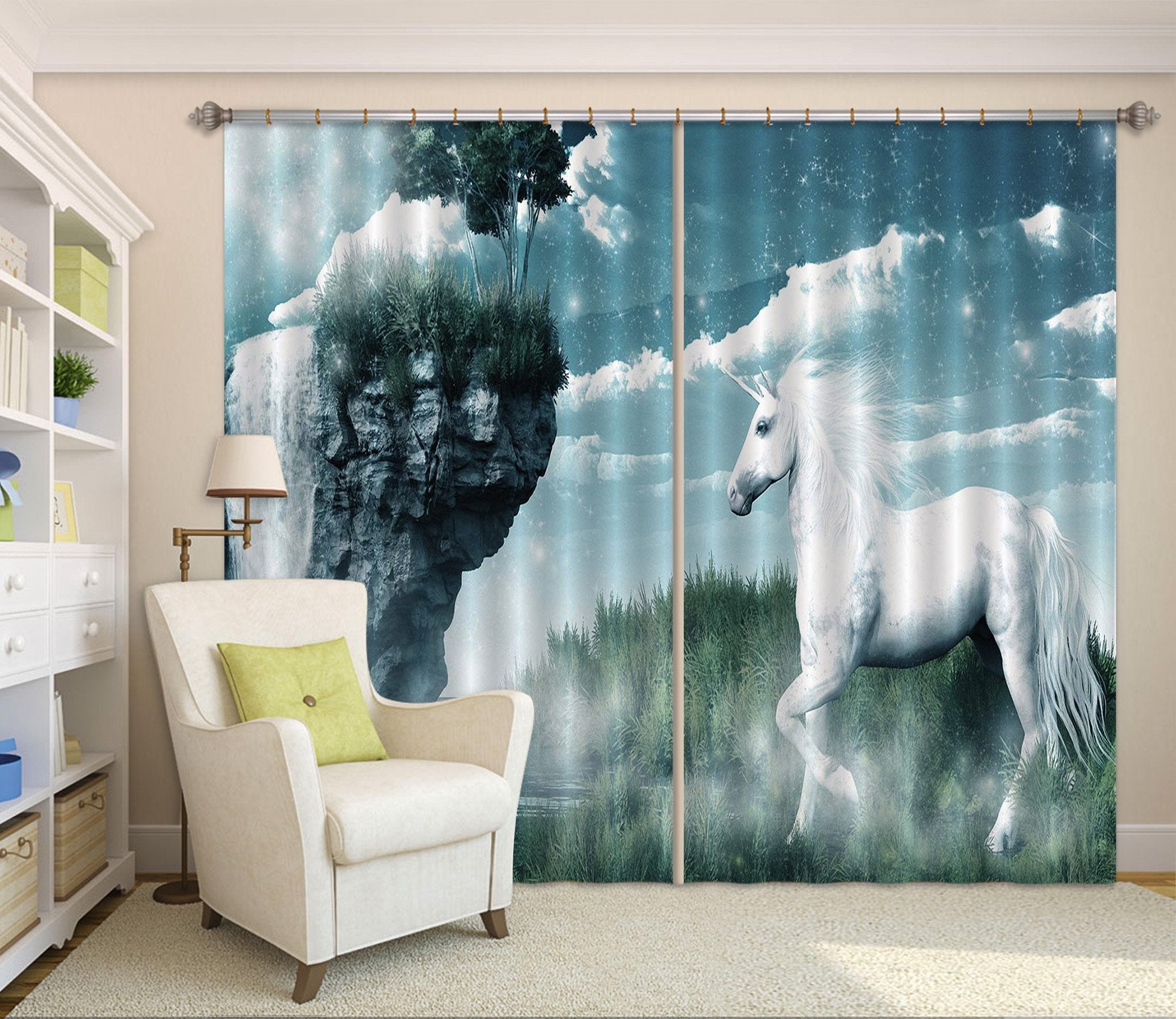 3D Waterfall Unicorns 104 Curtains Drapes Curtains AJ Creativity Home 