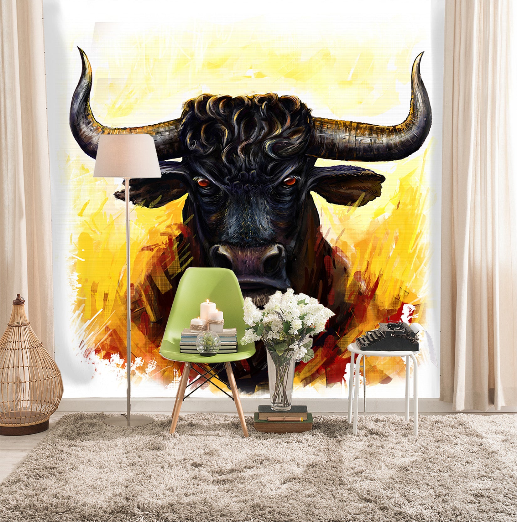 3D Black Bull Head 333 Wall Murals