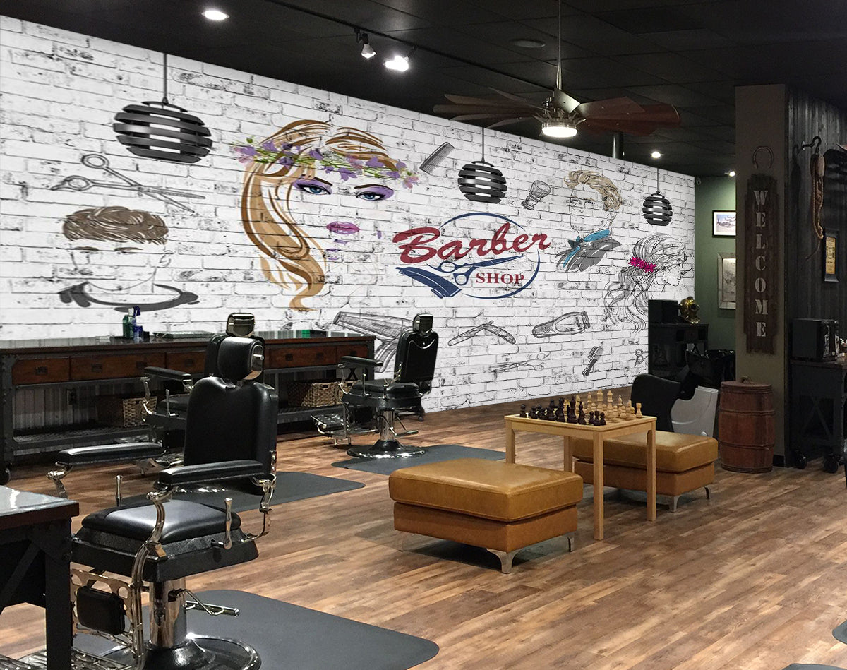 3D Hair Cutting Tools 1407 Barber Shop Wall Murals