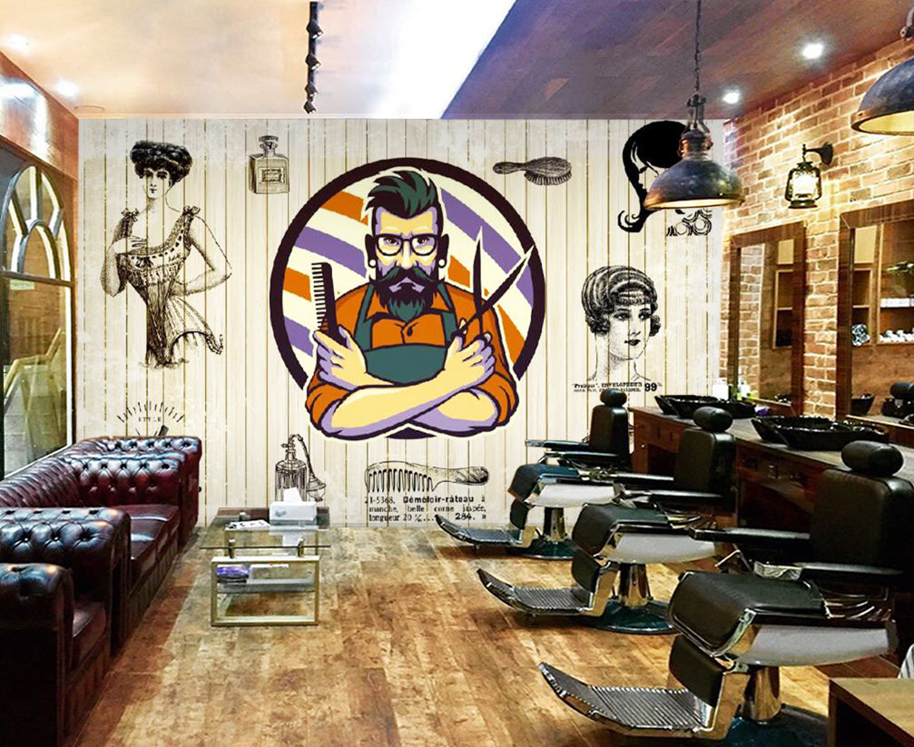 3D Man Cut Hair 1401 Barber Shop Wall Murals