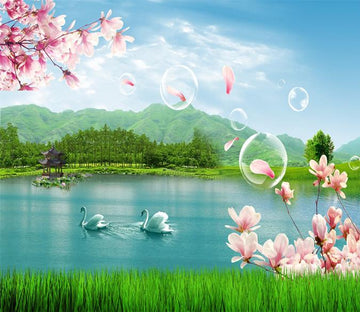 3D Swan Lake Cherry Tree 22 Wallpaper AJ Wallpaper 