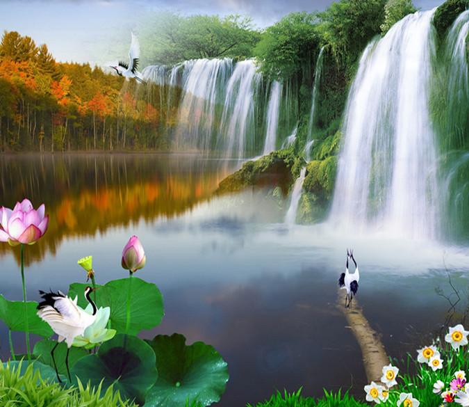 3D Waterfall Louts And Crane 77 Wallpaper AJ Wallpaper 