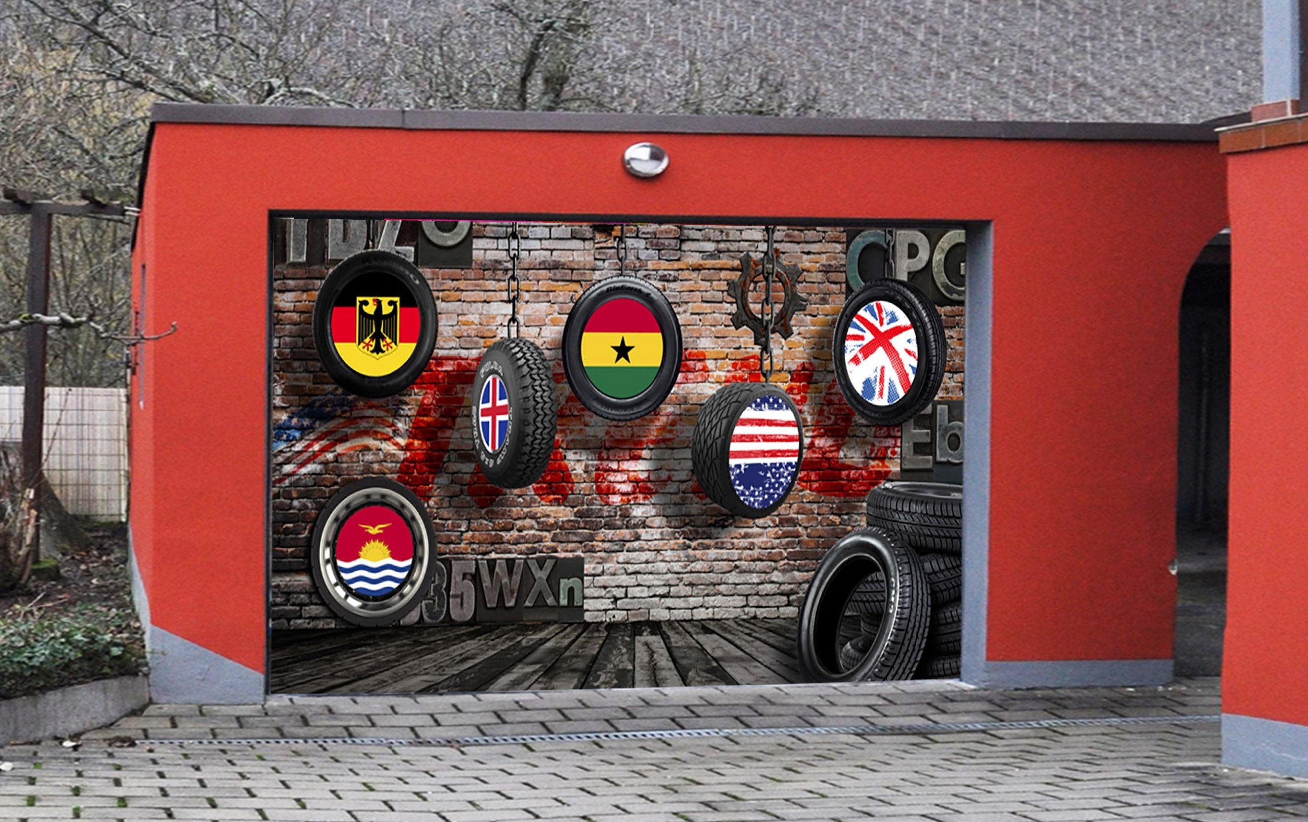 3D Hanging Tires 367 Garage Door Mural Wallpaper AJ Wallpaper 