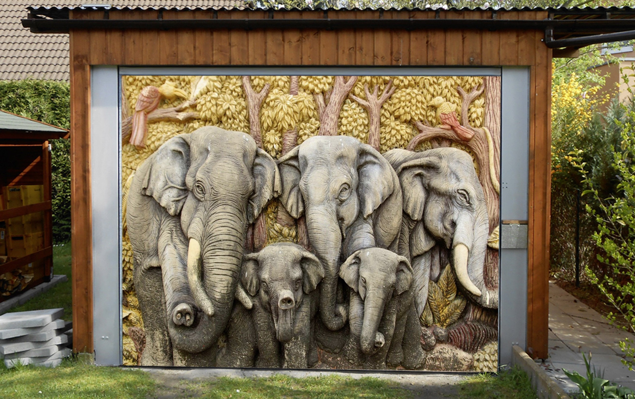 3D Elephants Carvings 392 Garage Door Mural Wallpaper AJ Wallpaper 