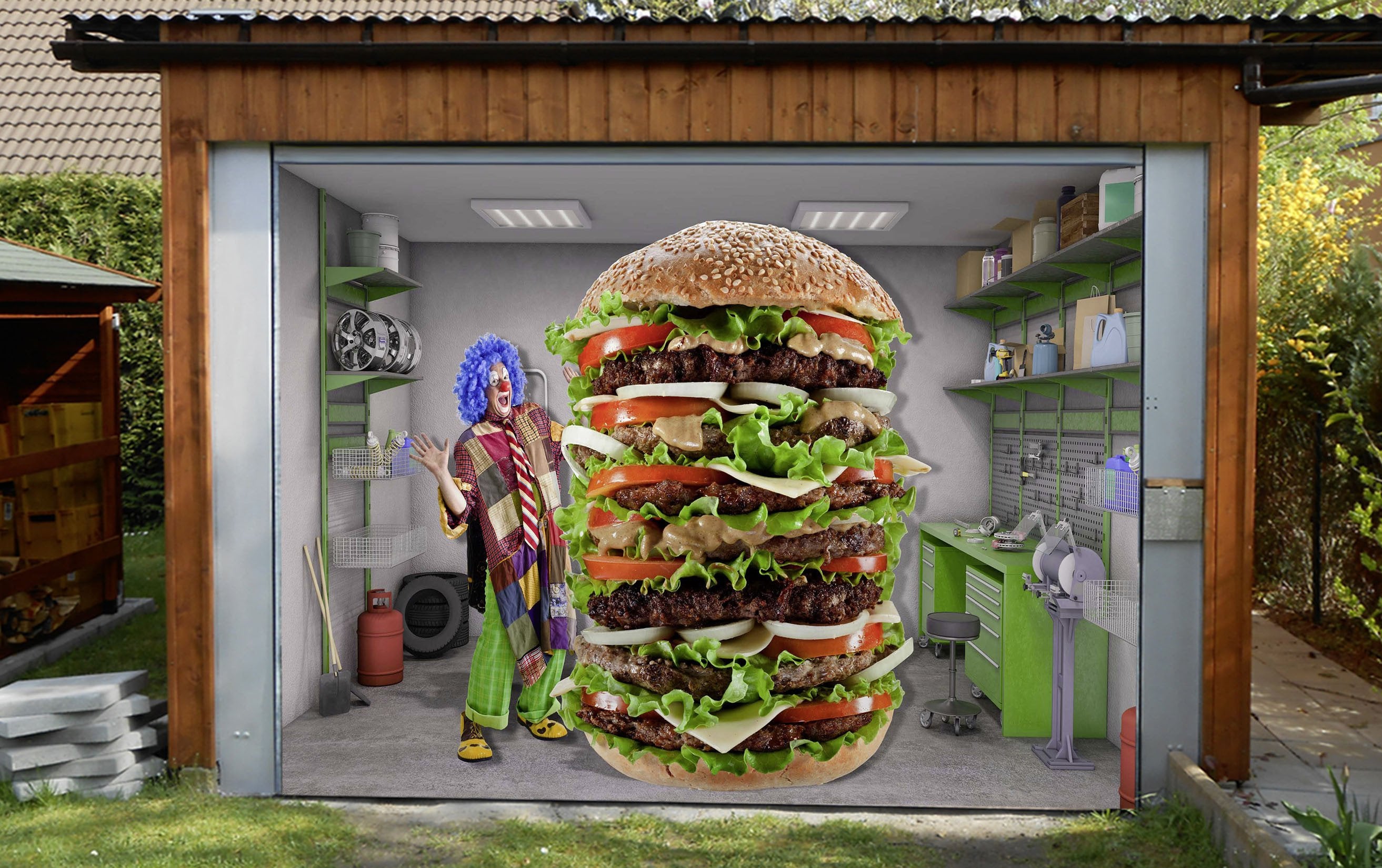 3D Clown Hamburger 415 Garage Door Mural Wallpaper AJ Wallpaper 