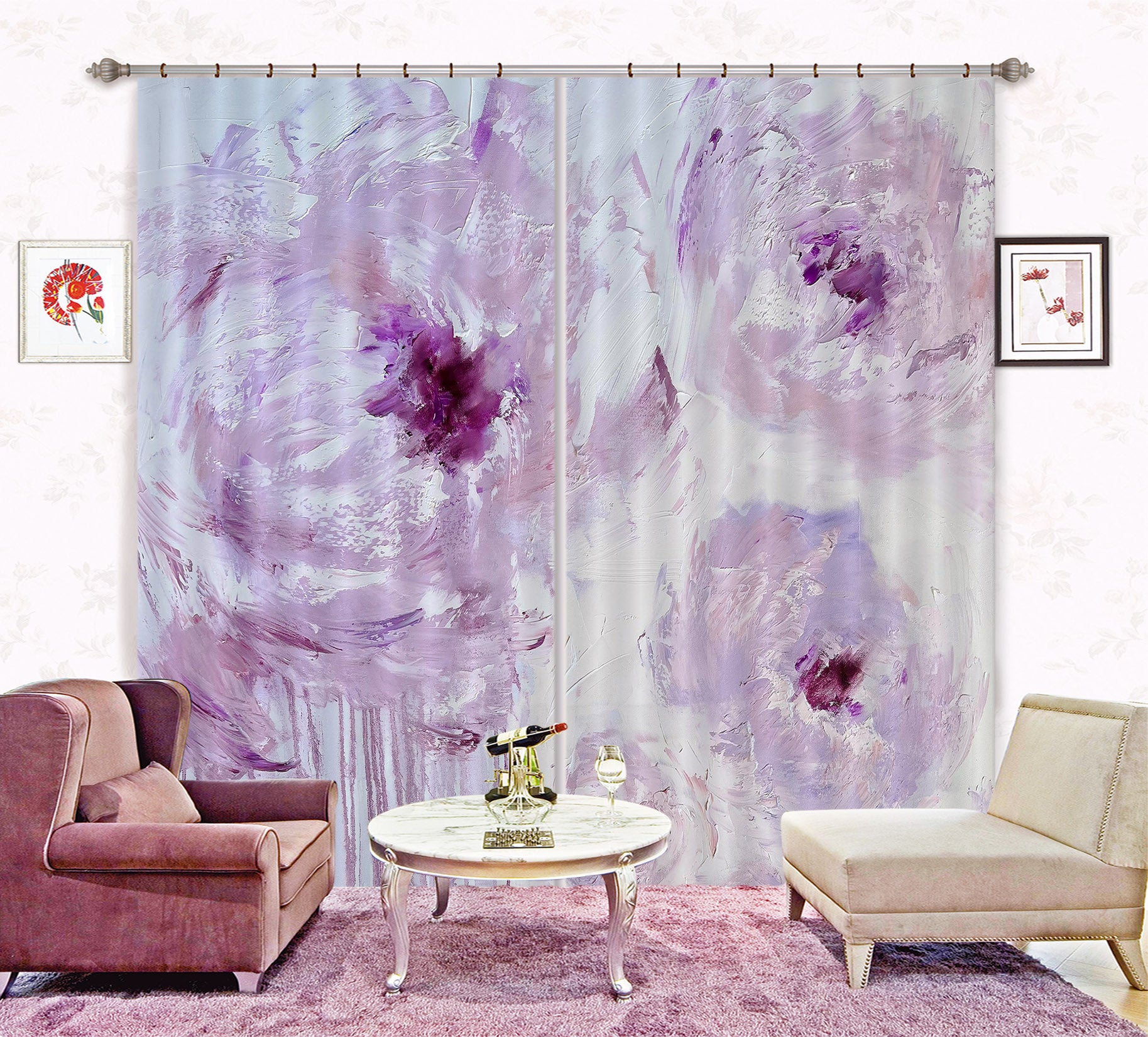 3D Pink Watercolor Flowers 3001 Skromova Marina Curtain Curtains Drapes