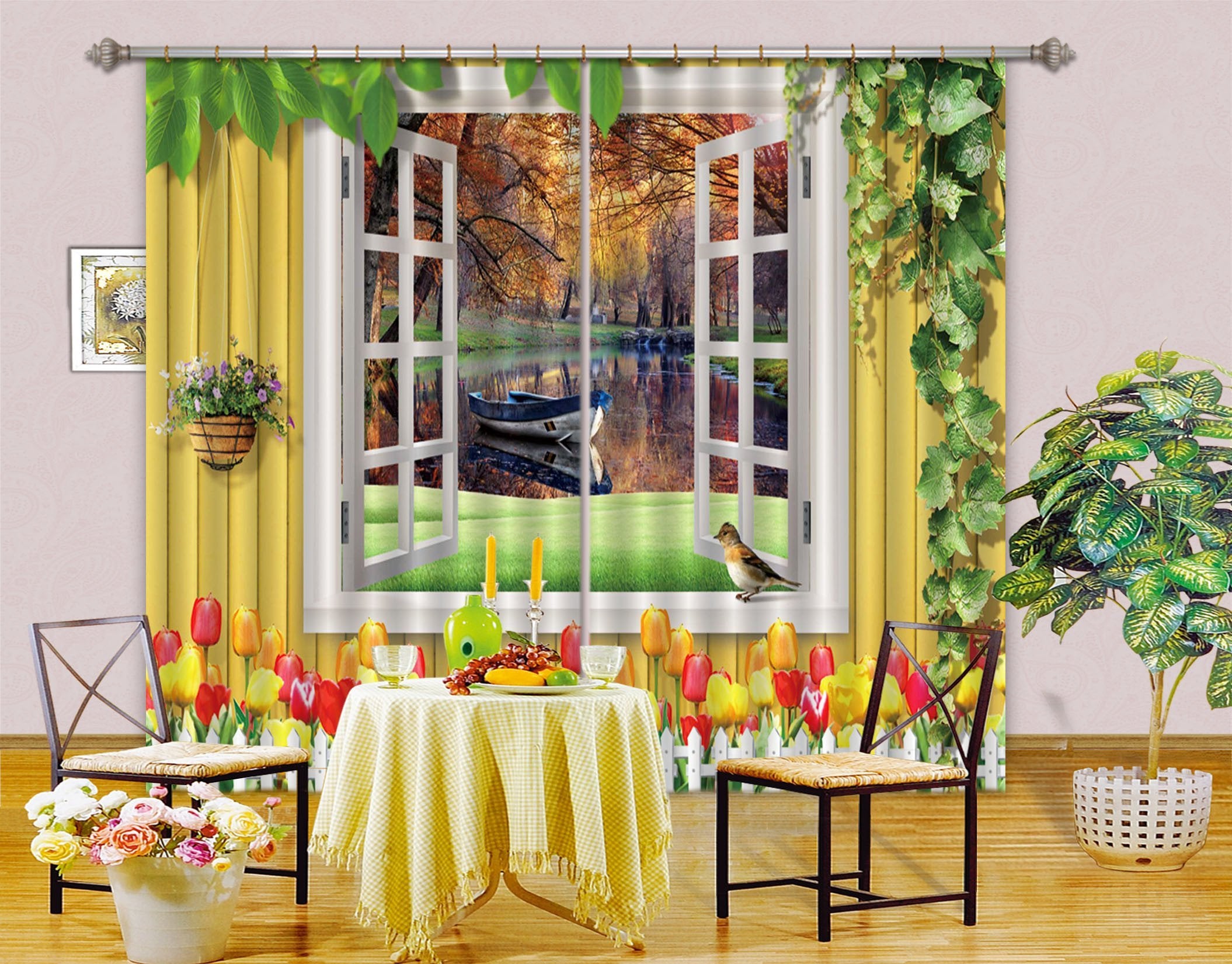 3D Wood Window Lake Boat Curtains Drapes Wallpaper AJ Wallpaper 