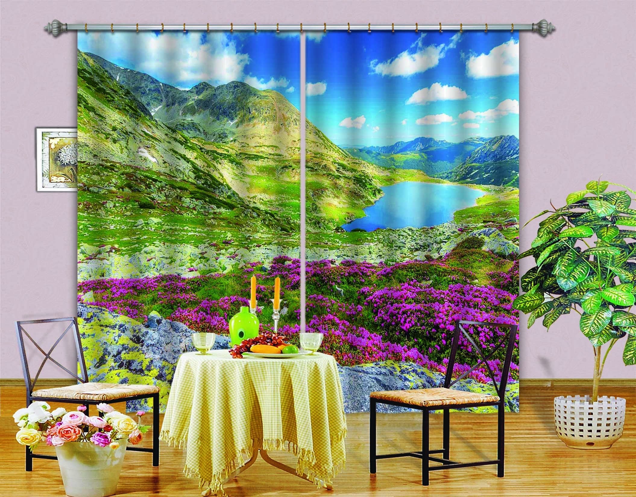 3D Mountains Lake Flowers 711 Curtains Drapes Wallpaper AJ Wallpaper 