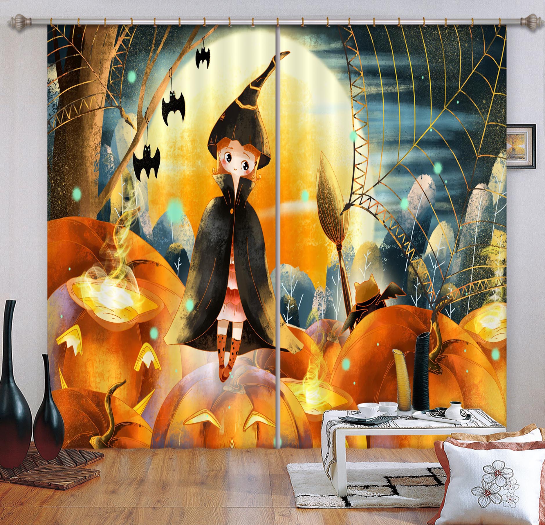 3D Child Pumpkin Spider Web 029 Halloween Curtains Drapes Curtains AJ Creativity Home 