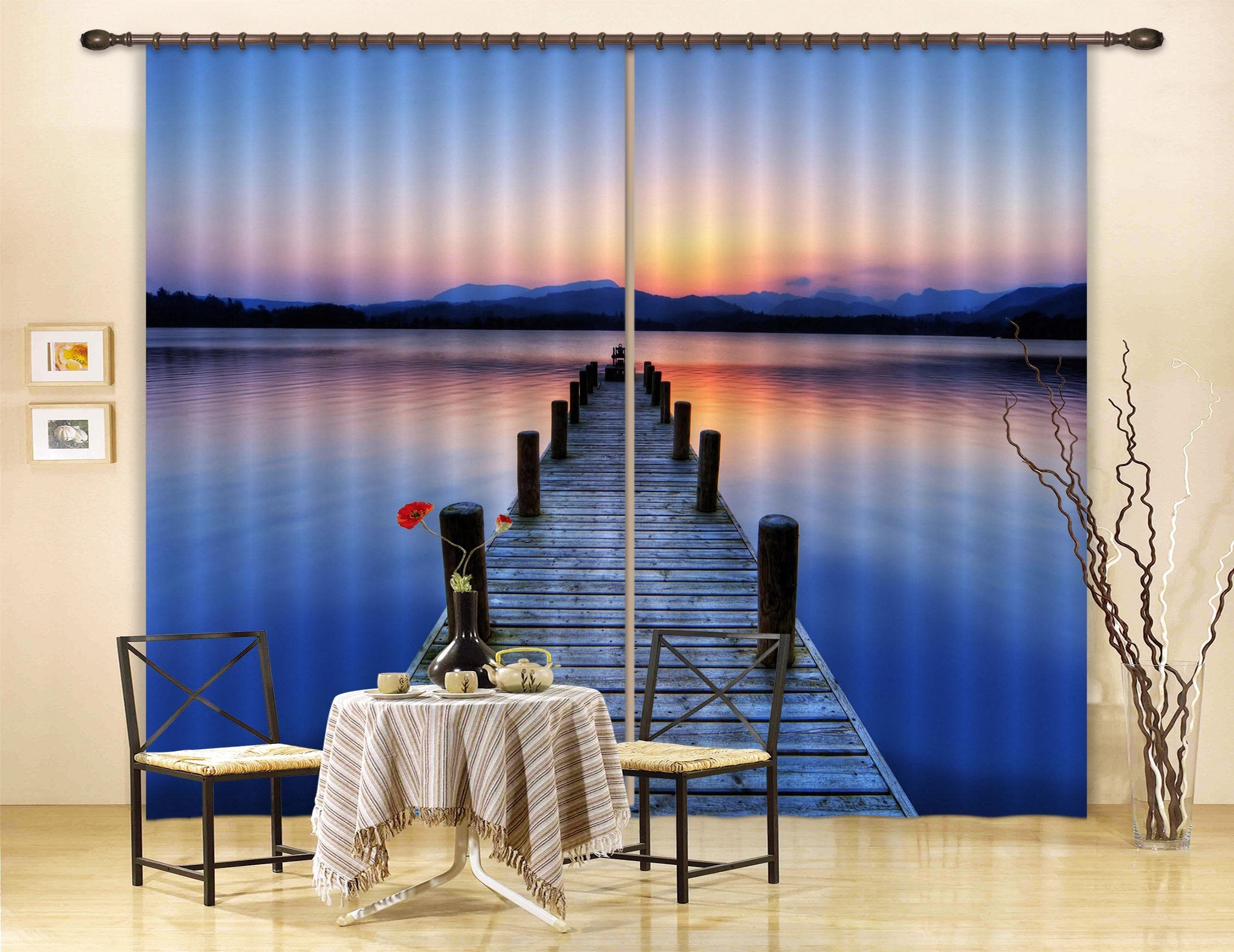 3D Sunset Lake Wood Bridge 209 Curtains Drapes Wallpaper AJ Wallpaper 