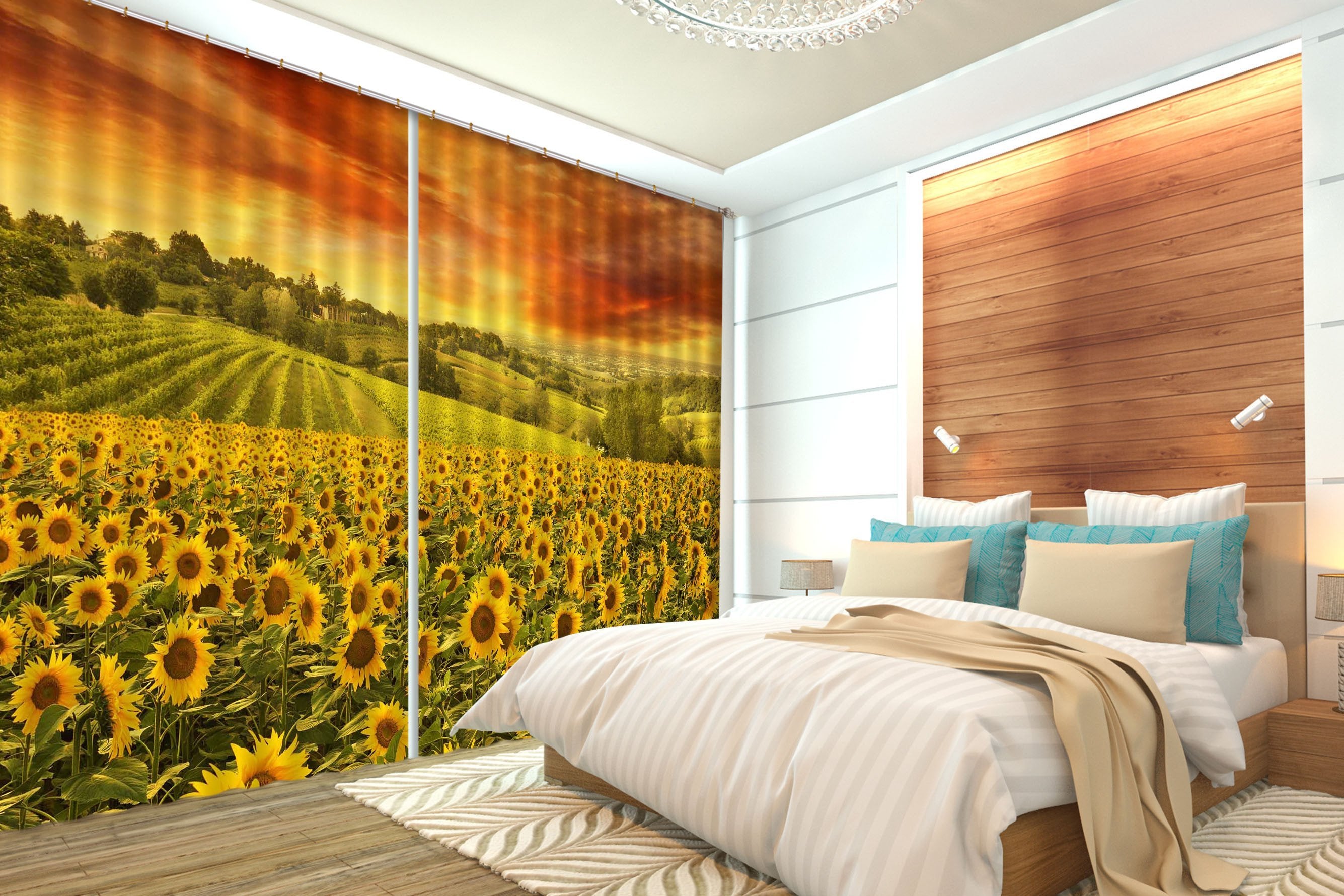 3D Mountain Sunflowers Field 130 Curtains Drapes Wallpaper AJ Wallpaper 