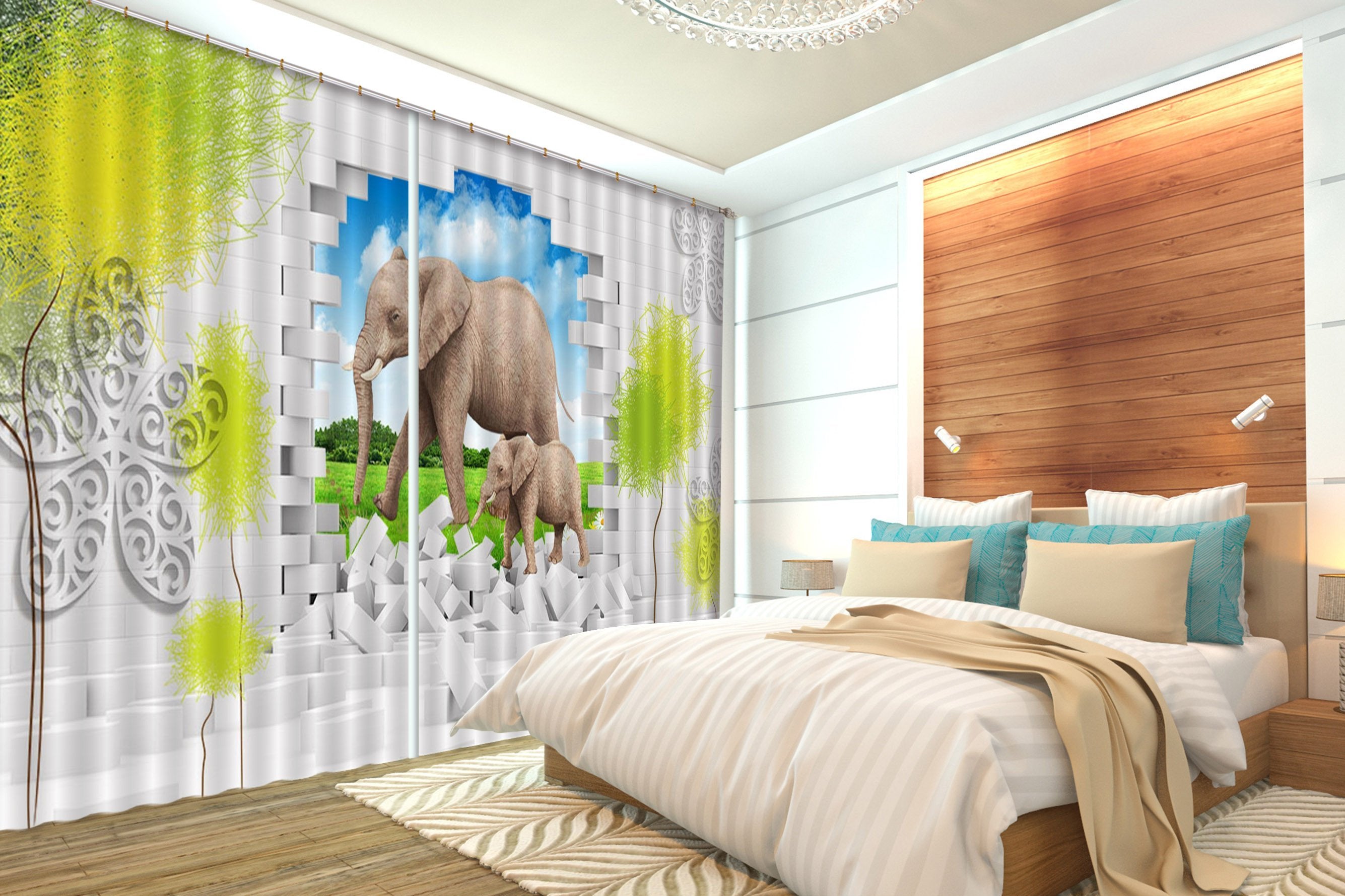 3D Bricks Elephants 415 Beach Curtains Drapes Wallpaper AJ Wallpaper 