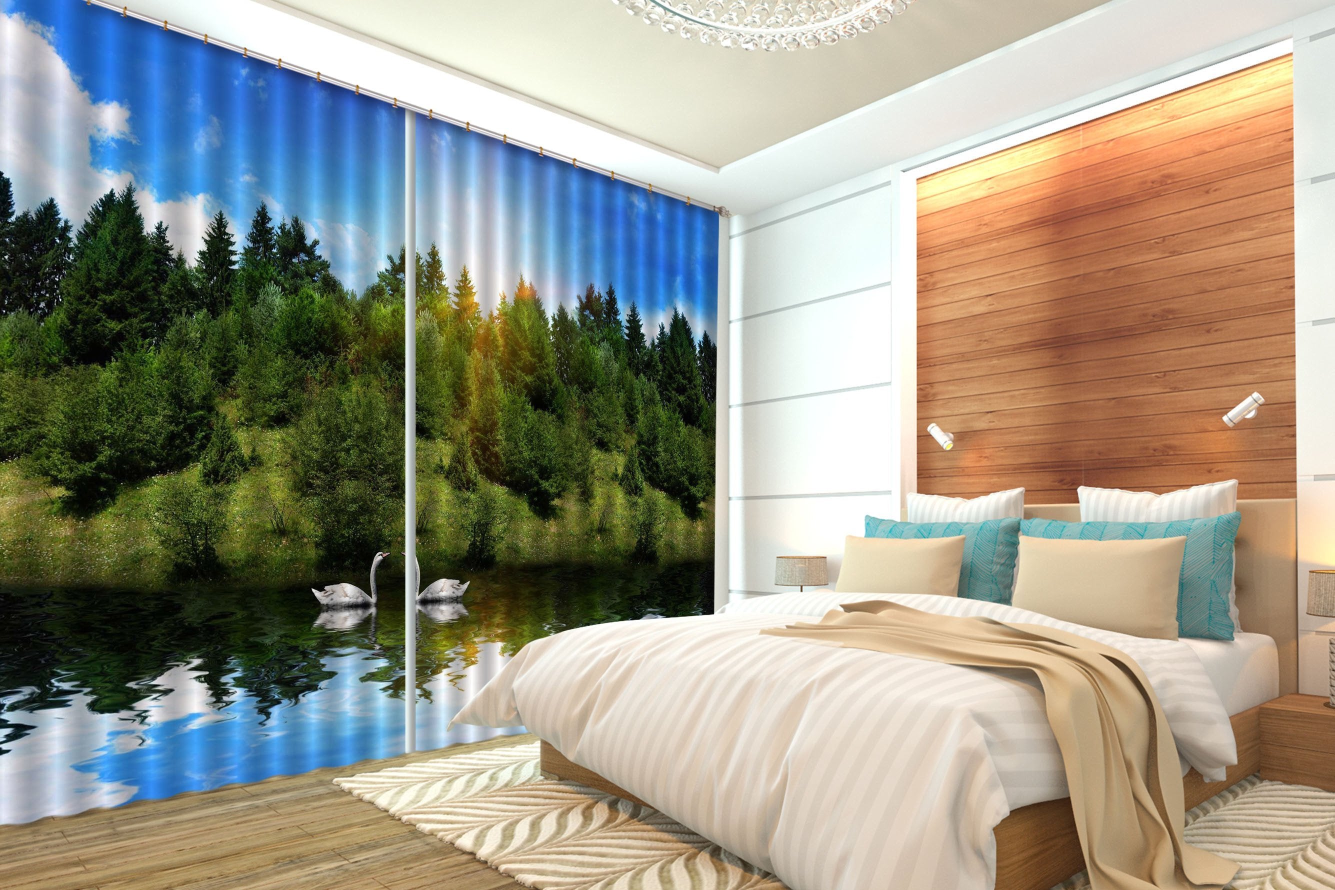 3D Mountain Lake Swans 174 Curtains Drapes Wallpaper AJ Wallpaper 