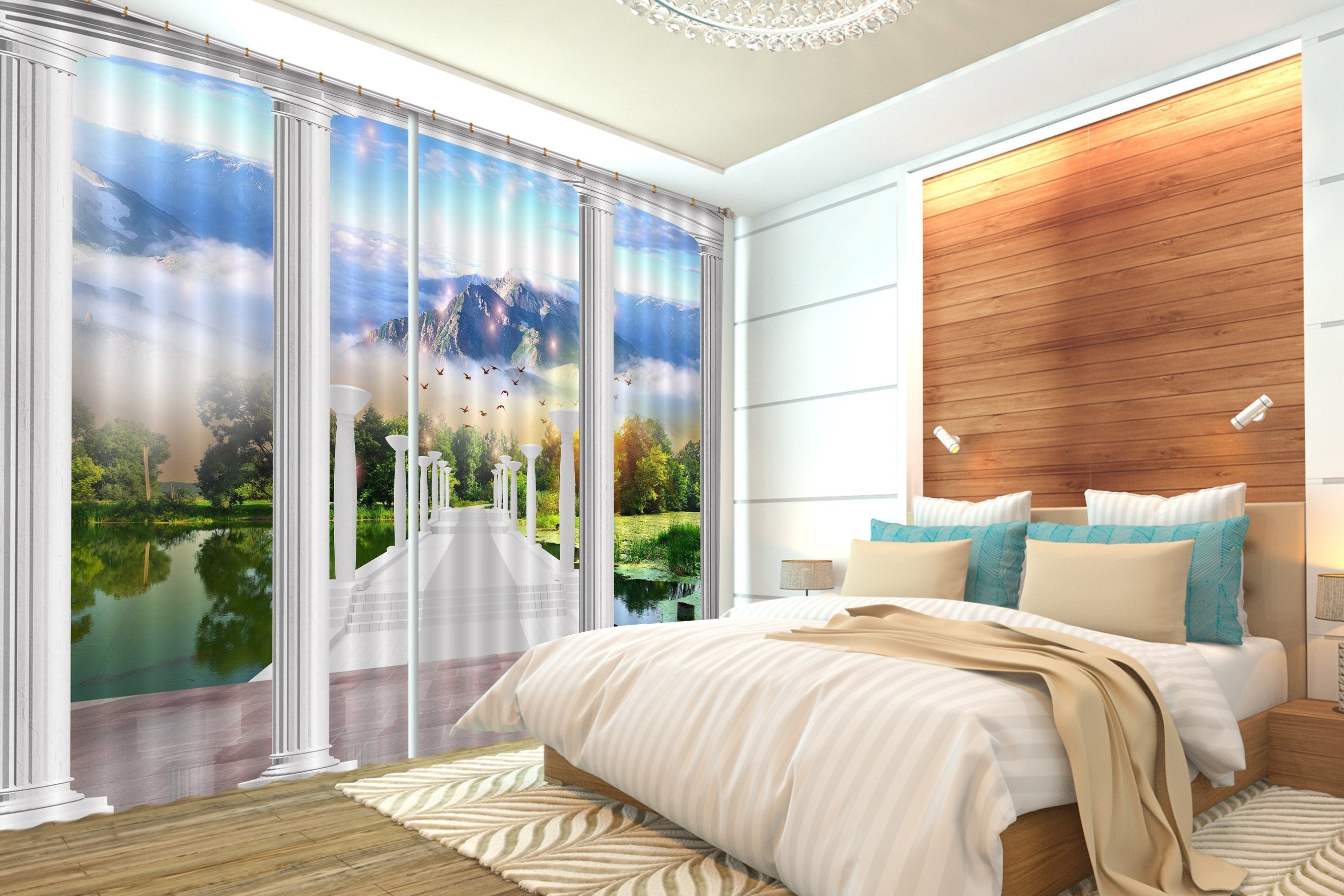 3D Lake Pillars Corridor 455 Curtains Drapes Wallpaper AJ Wallpaper 