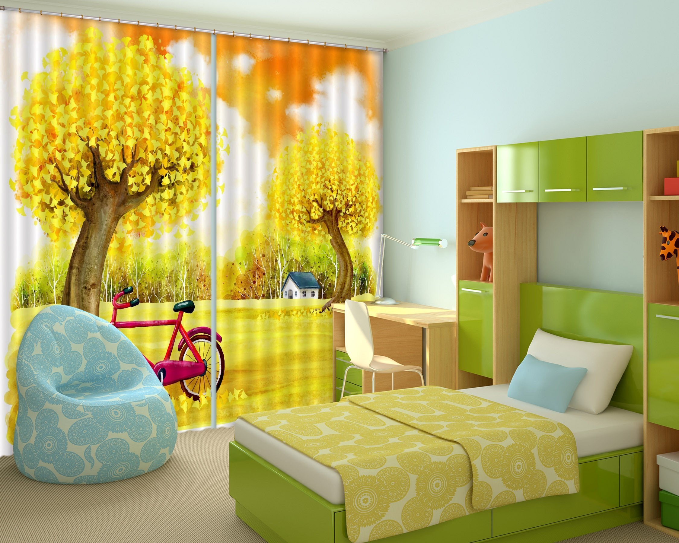 3D Ginkgo Tree Bike 331 Curtains Drapes Wallpaper AJ Wallpaper 