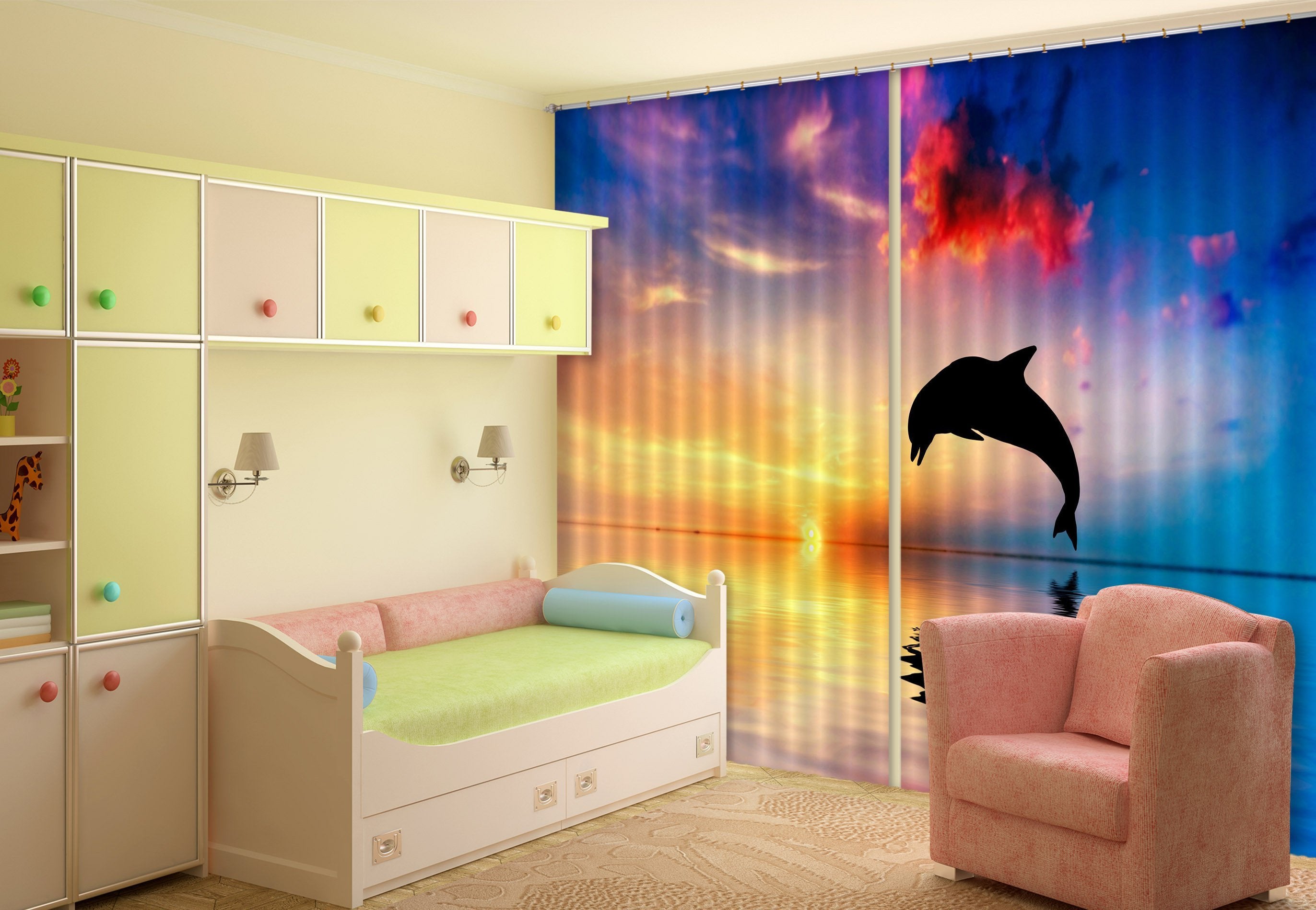 3D Sea Sunset Jumping Dolphin 129 Curtains Drapes Wallpaper AJ Wallpaper 