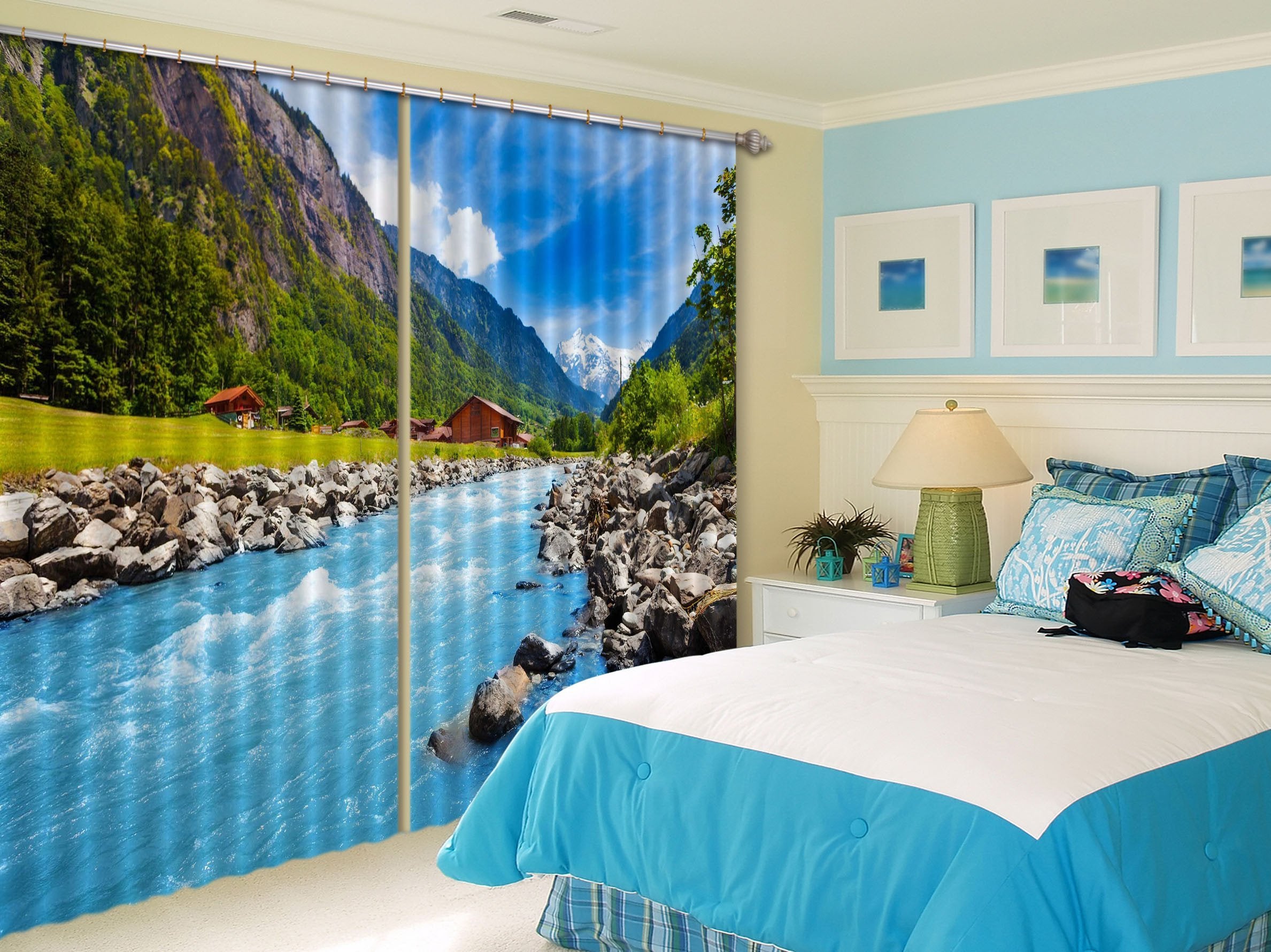 3D Mountain Valley River 109 Curtains Drapes Wallpaper AJ Wallpaper 