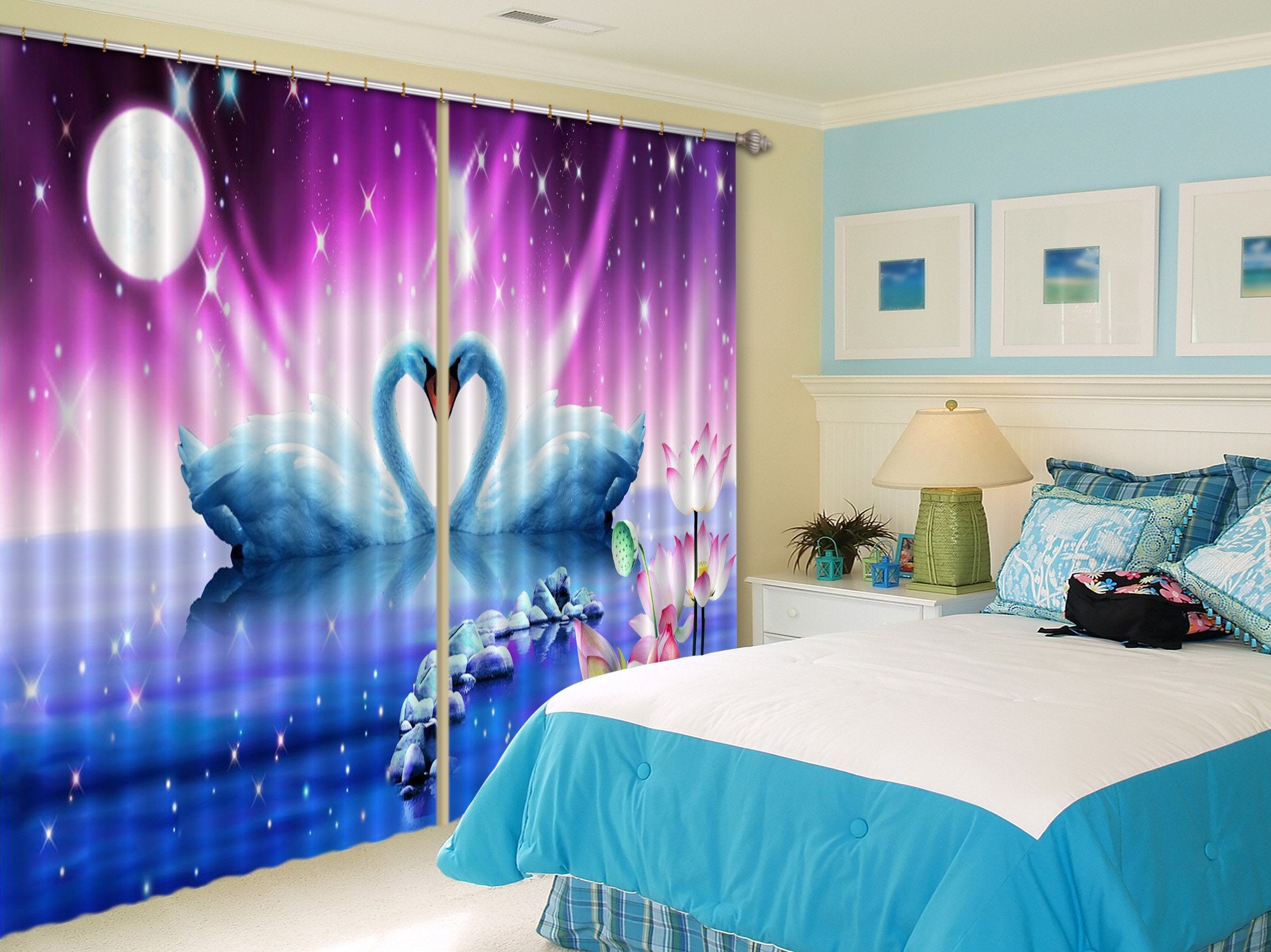 3D Romantic Swans Curtains Drapes Wallpaper AJ Wallpaper 