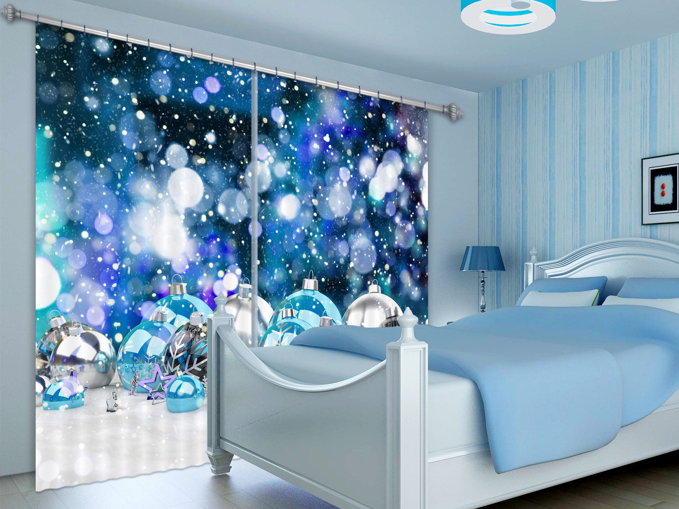 3D Blue Silver Ball 53097 Christmas Curtains Drapes Xmas