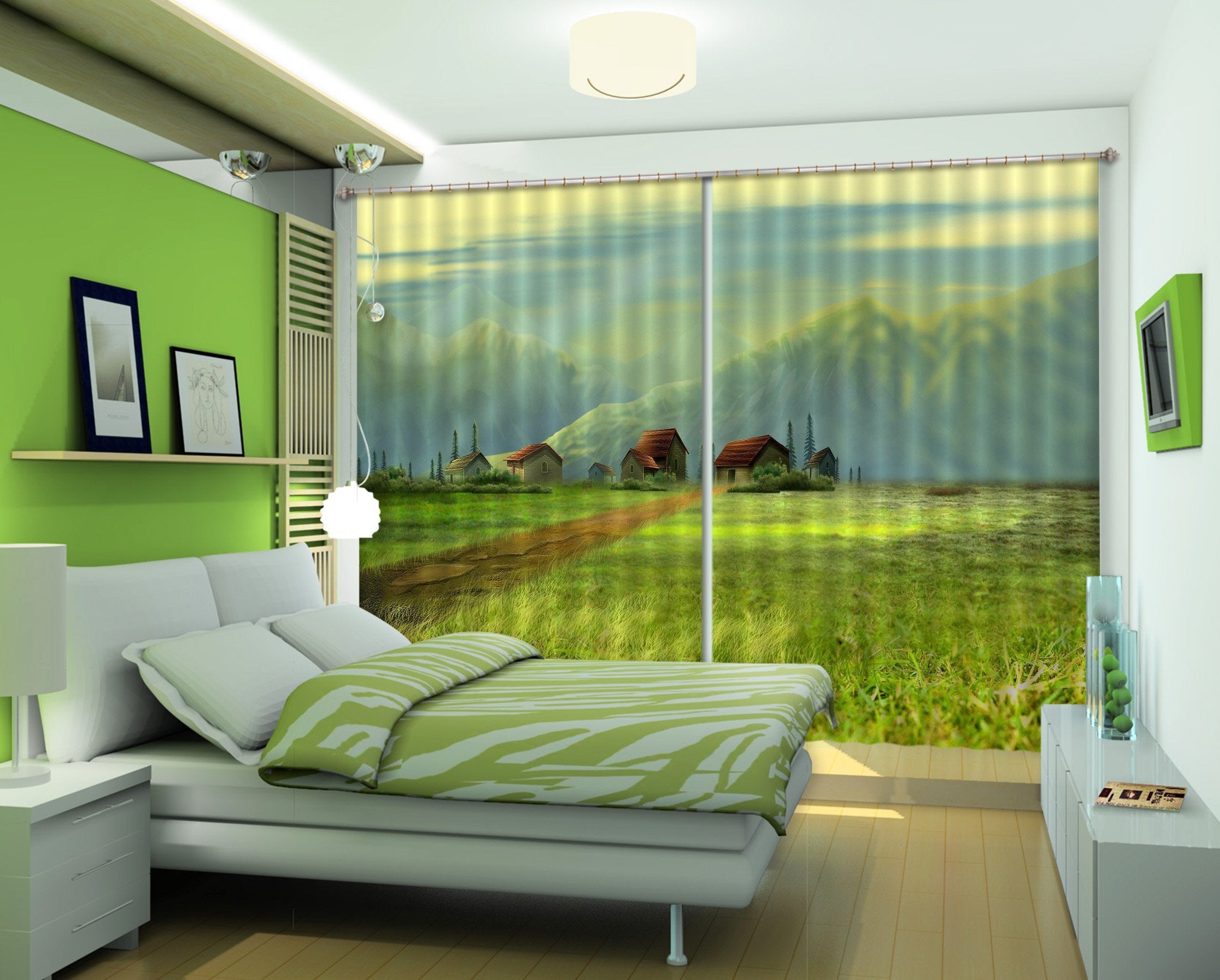 3D Grassland Cottages 318 Curtains Drapes Wallpaper AJ Wallpaper 