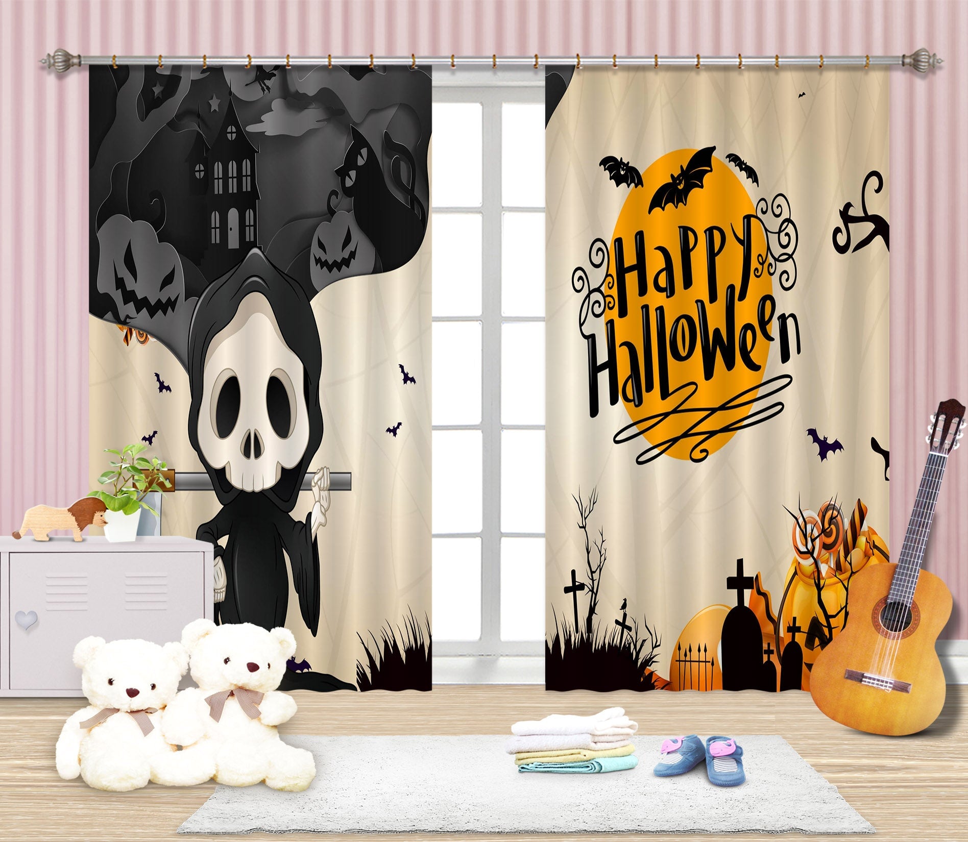 3D Cartoon Sickle Pumpkin 039 Halloween Curtains Drapes Curtains AJ Creativity Home 