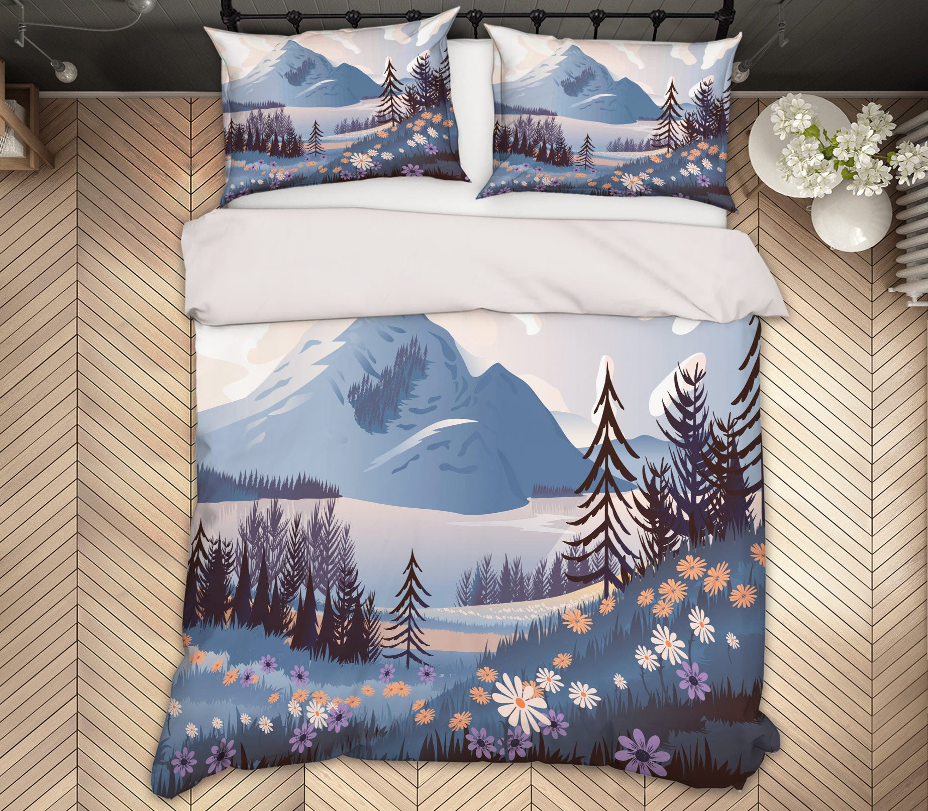 3D Mountains Tree 67166 Bed Pillowcases Quilt