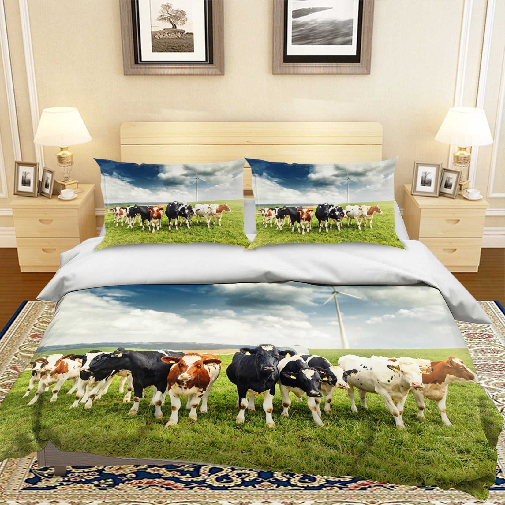 3D Cloud Grass Cattle 048 Bed Pillowcases Quilt