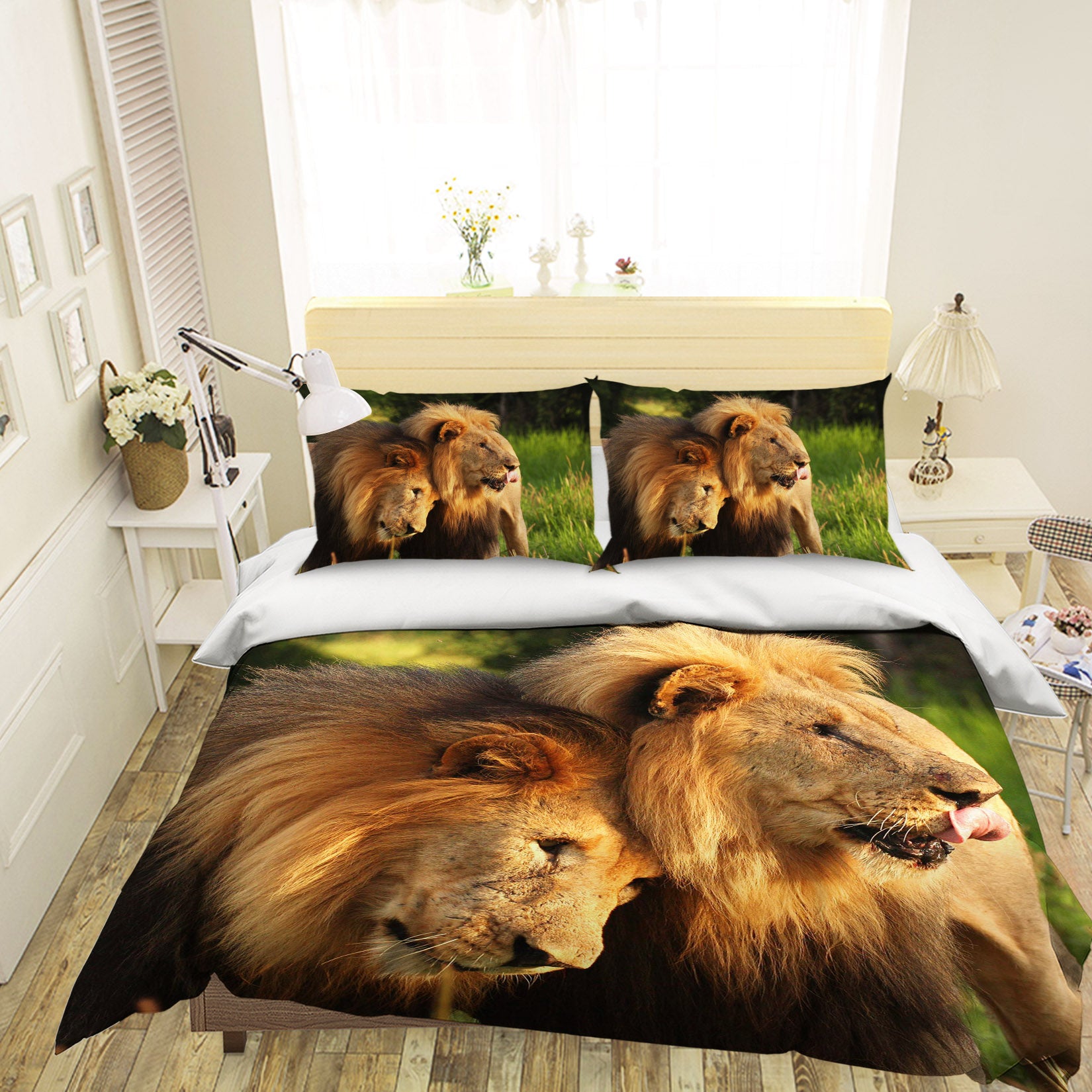 3D Lion Couple 134 Bed Pillowcases Quilt