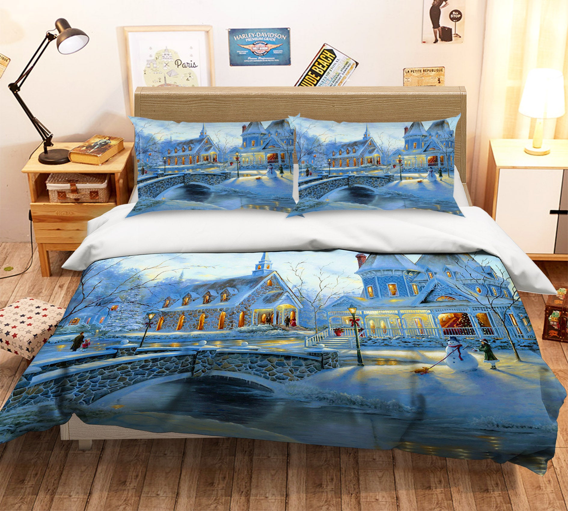 3D Snow Houses Bridge 31104 Christmas Quilt Duvet Cover Xmas Bed Pillowcases