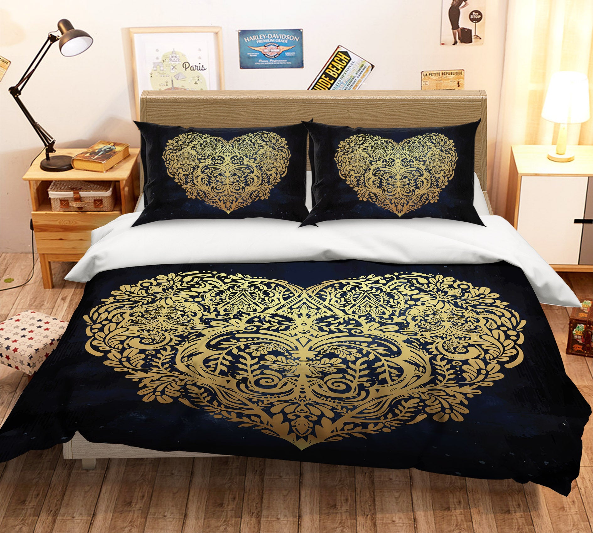 3D Heart Golden Pattern 67035 Bed Pillowcases Quilt