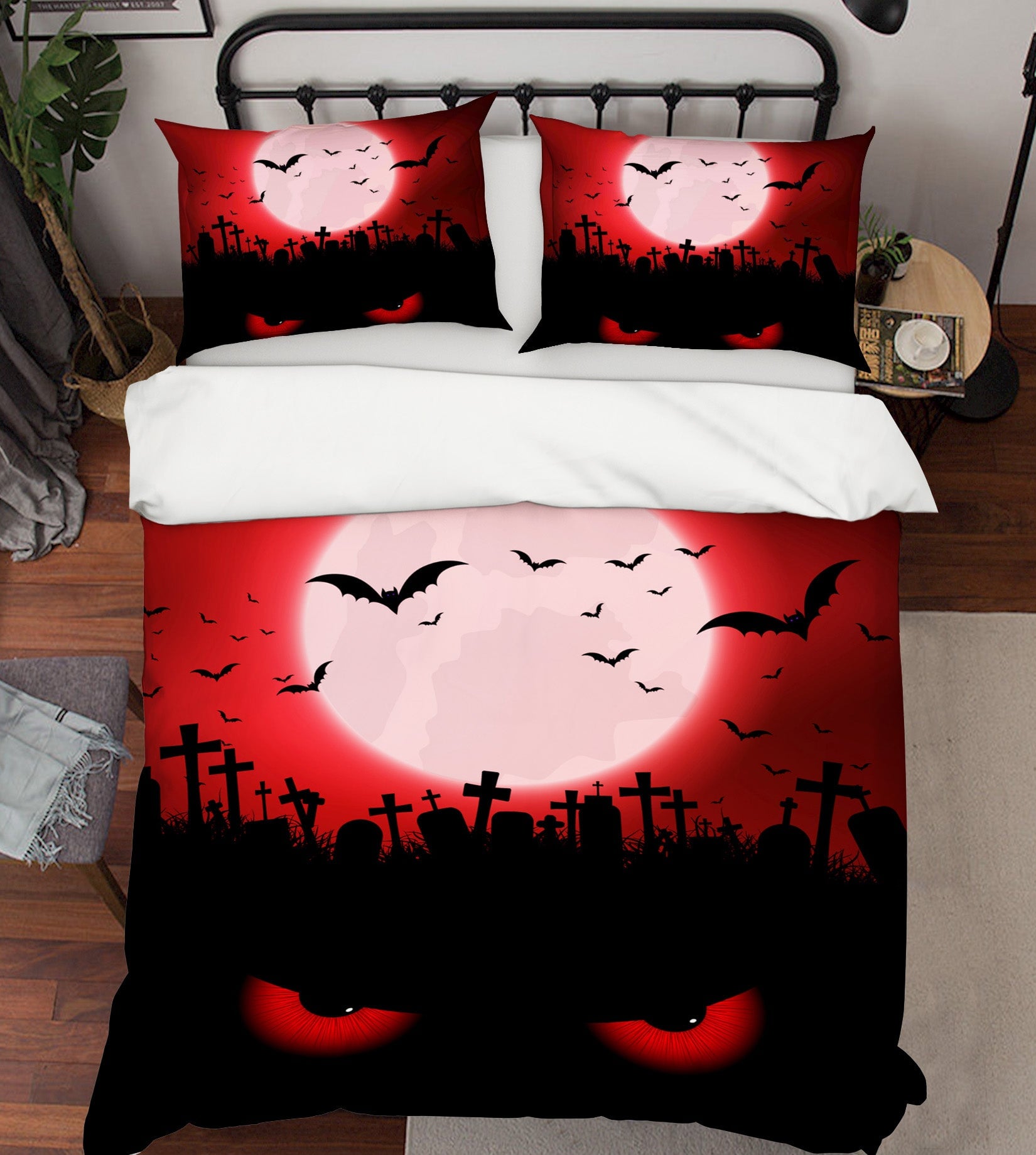 3D Red Moon Bat 1202 Halloween Bed Pillowcases Quilt Quiet Covers AJ Creativity Home 