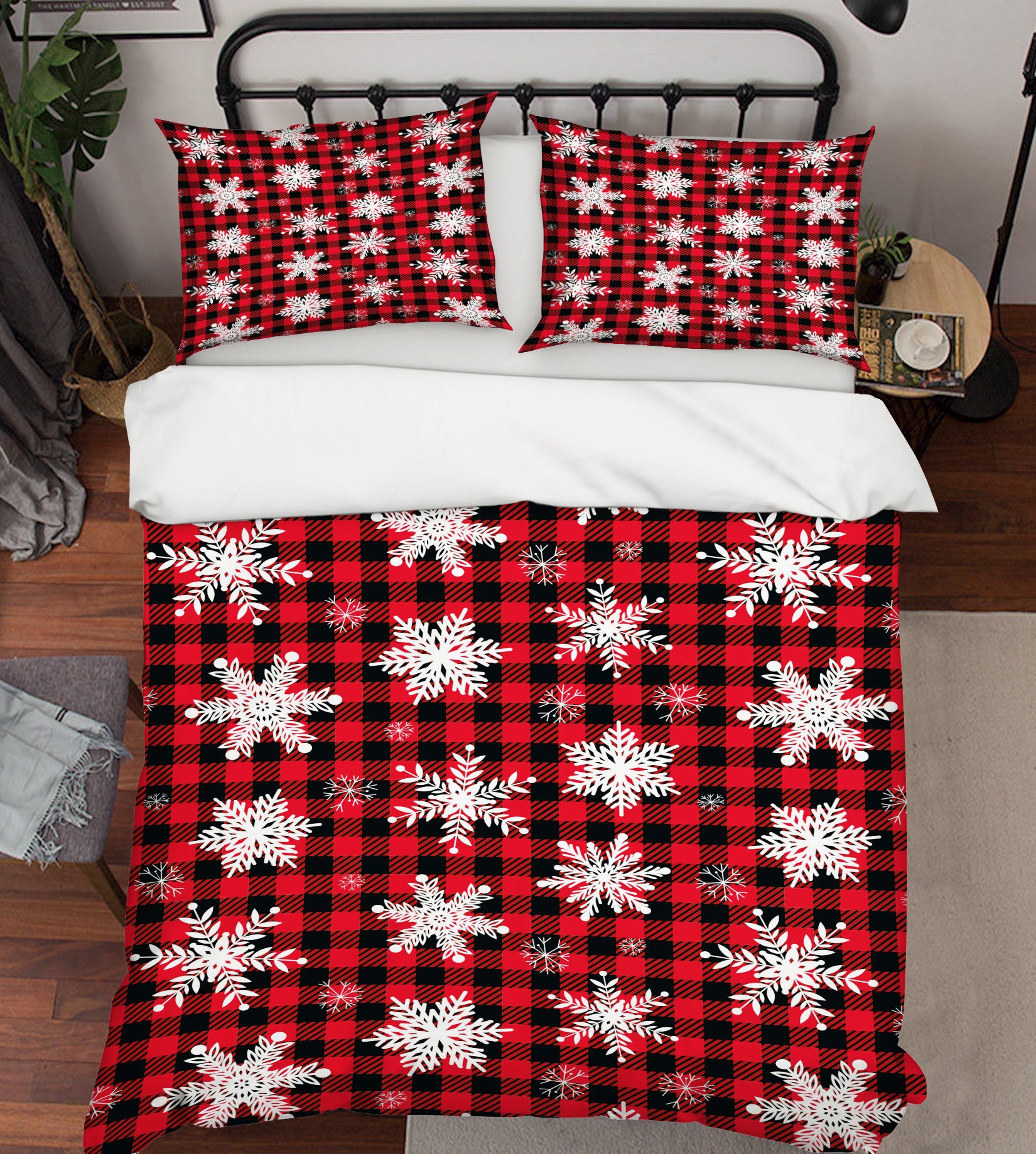 3D Snowflake Red Black Grid 52187 Christmas Quilt Duvet Cover Xmas Bed Pillowcases