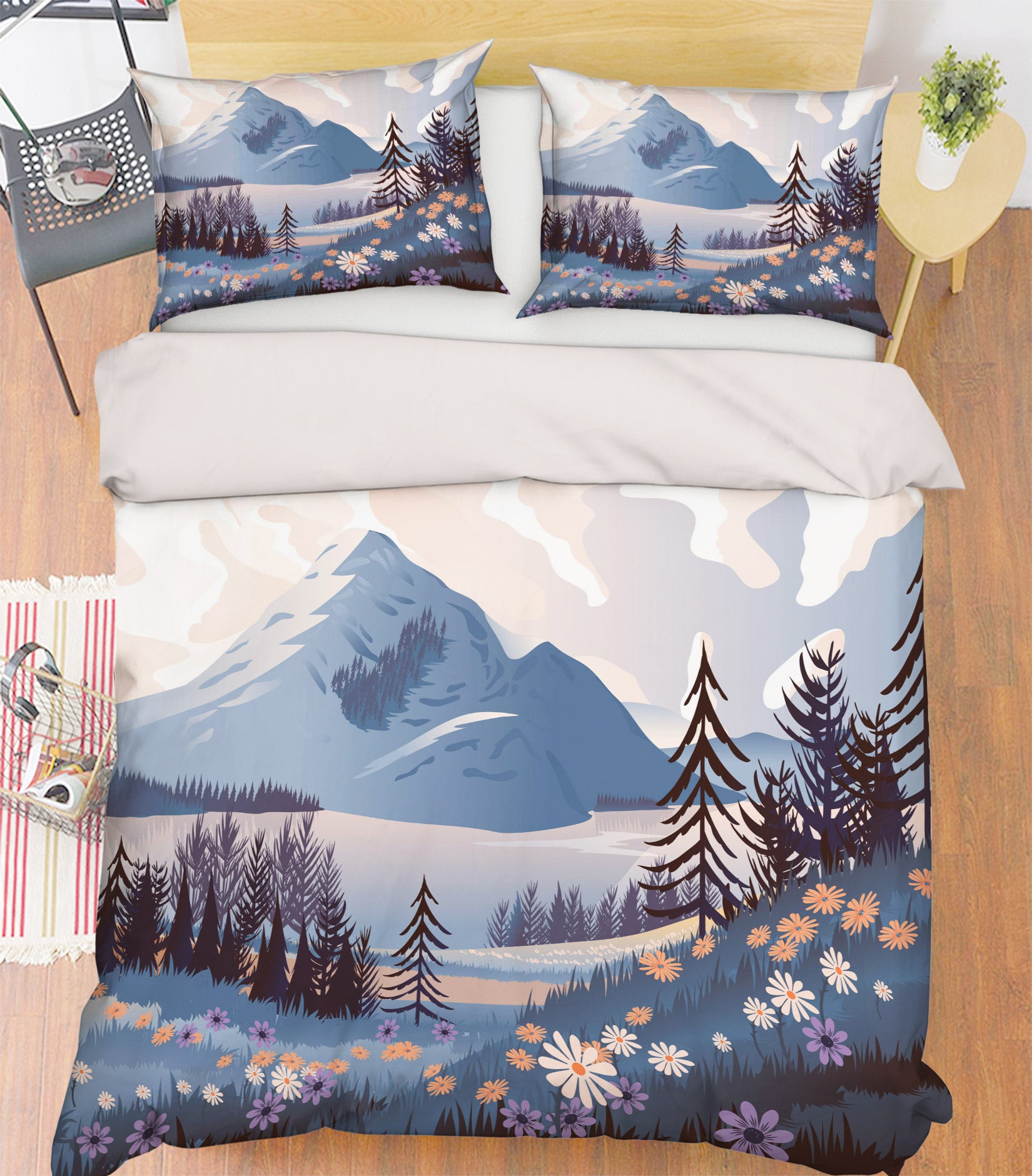 3D Mountains Tree 67166 Bed Pillowcases Quilt