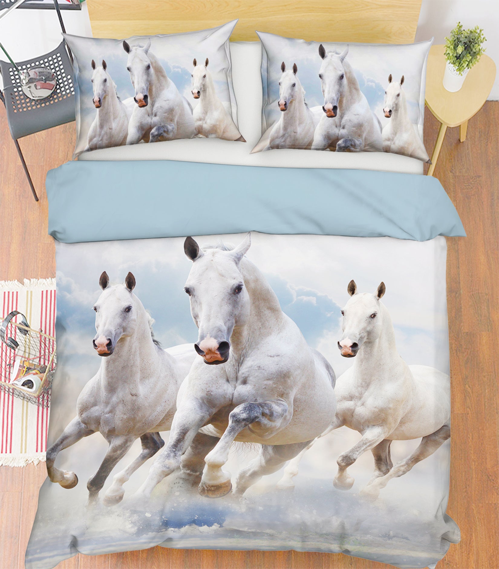 3D Running White Horse 066 Bed Pillowcases Quilt