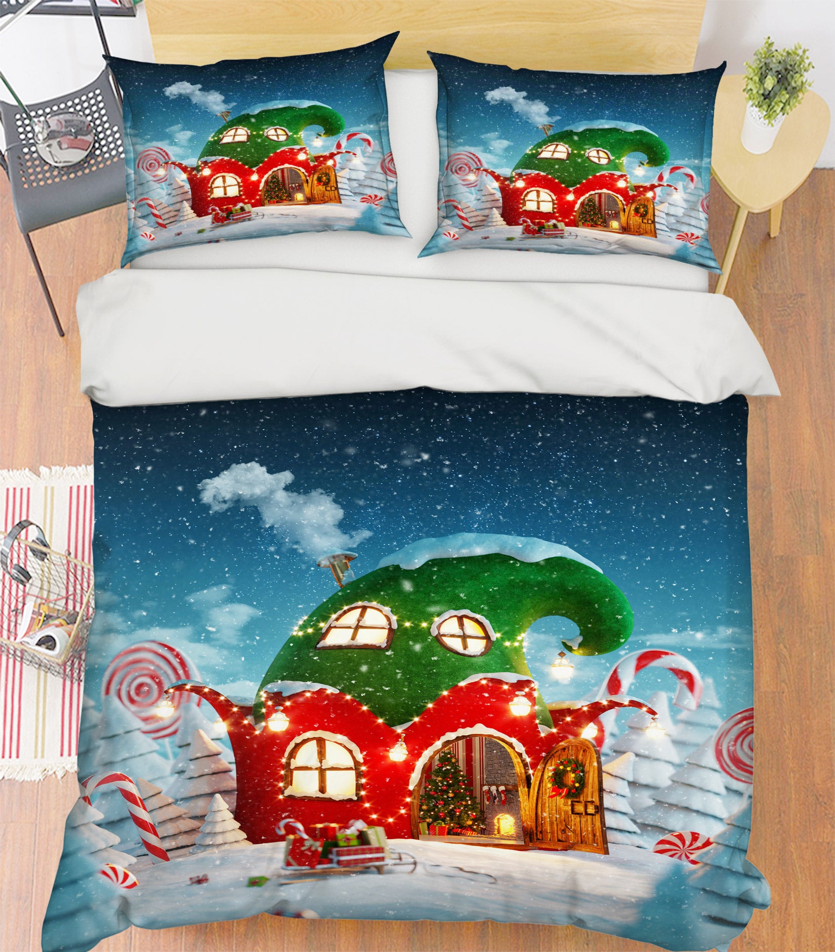 3D Red Green Cabin 52152 Christmas Quilt Duvet Cover Xmas Bed Pillowcases