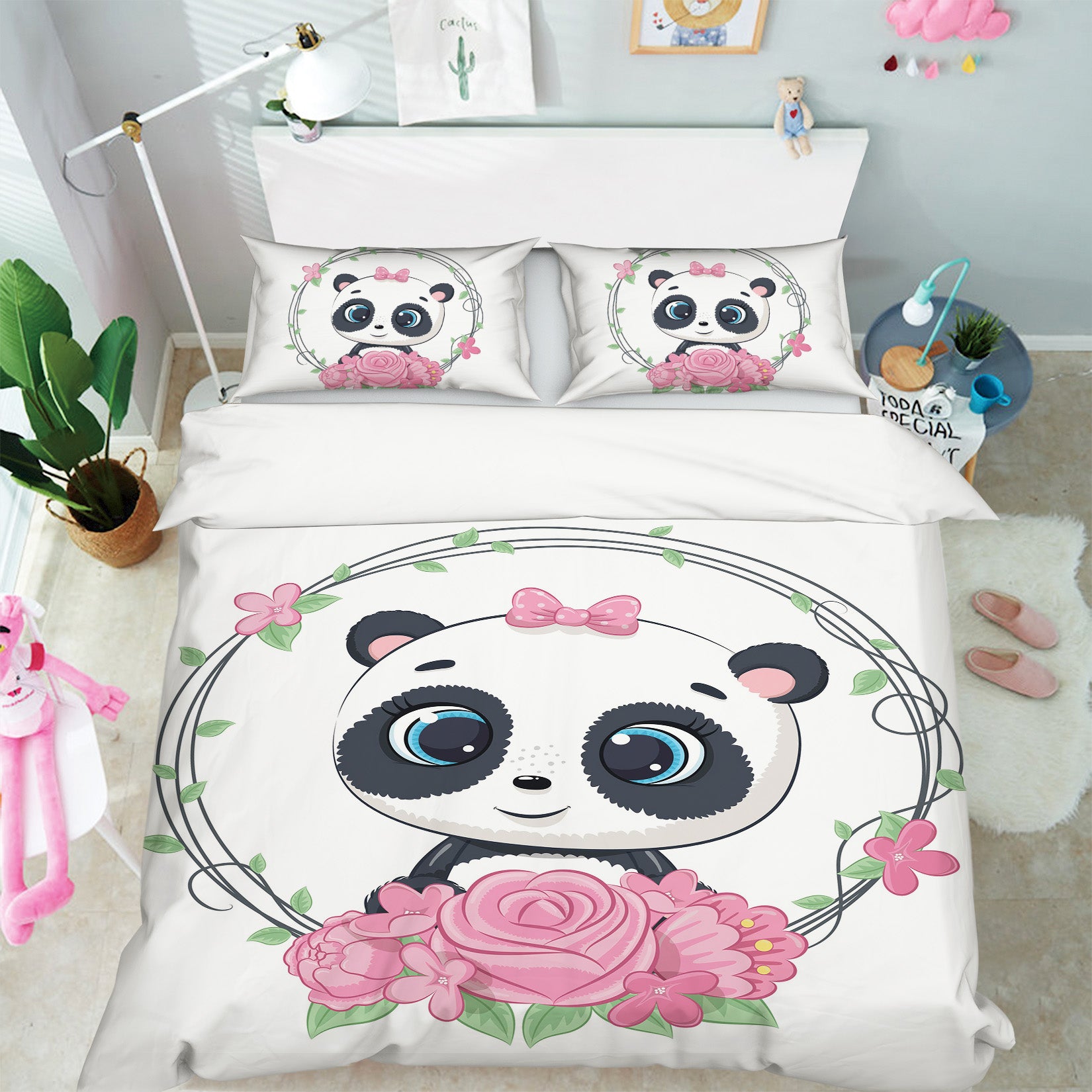 3D Pink Flower Panda 67026 Bed Pillowcases Quilt