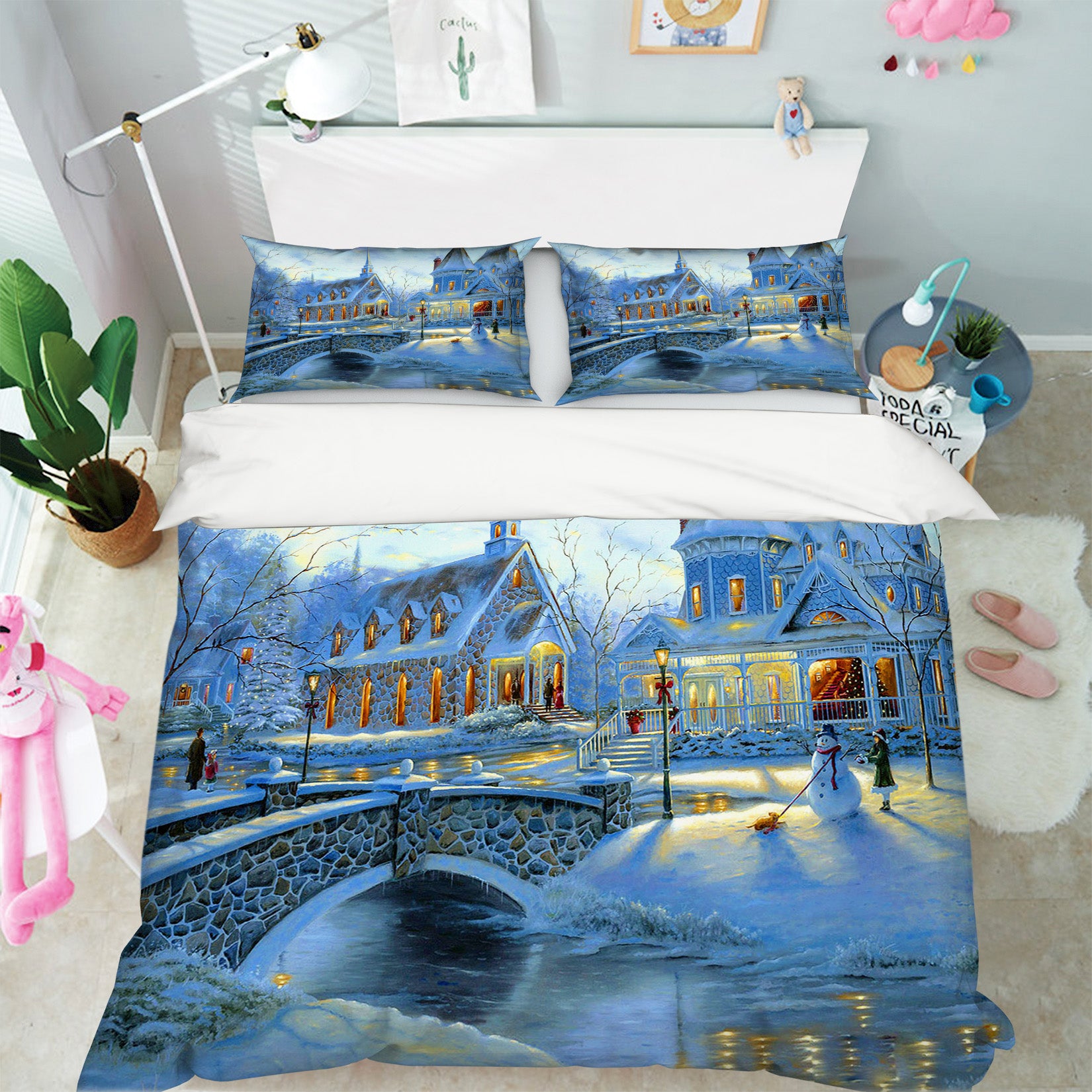 3D Snow Houses Bridge 31104 Christmas Quilt Duvet Cover Xmas Bed Pillowcases