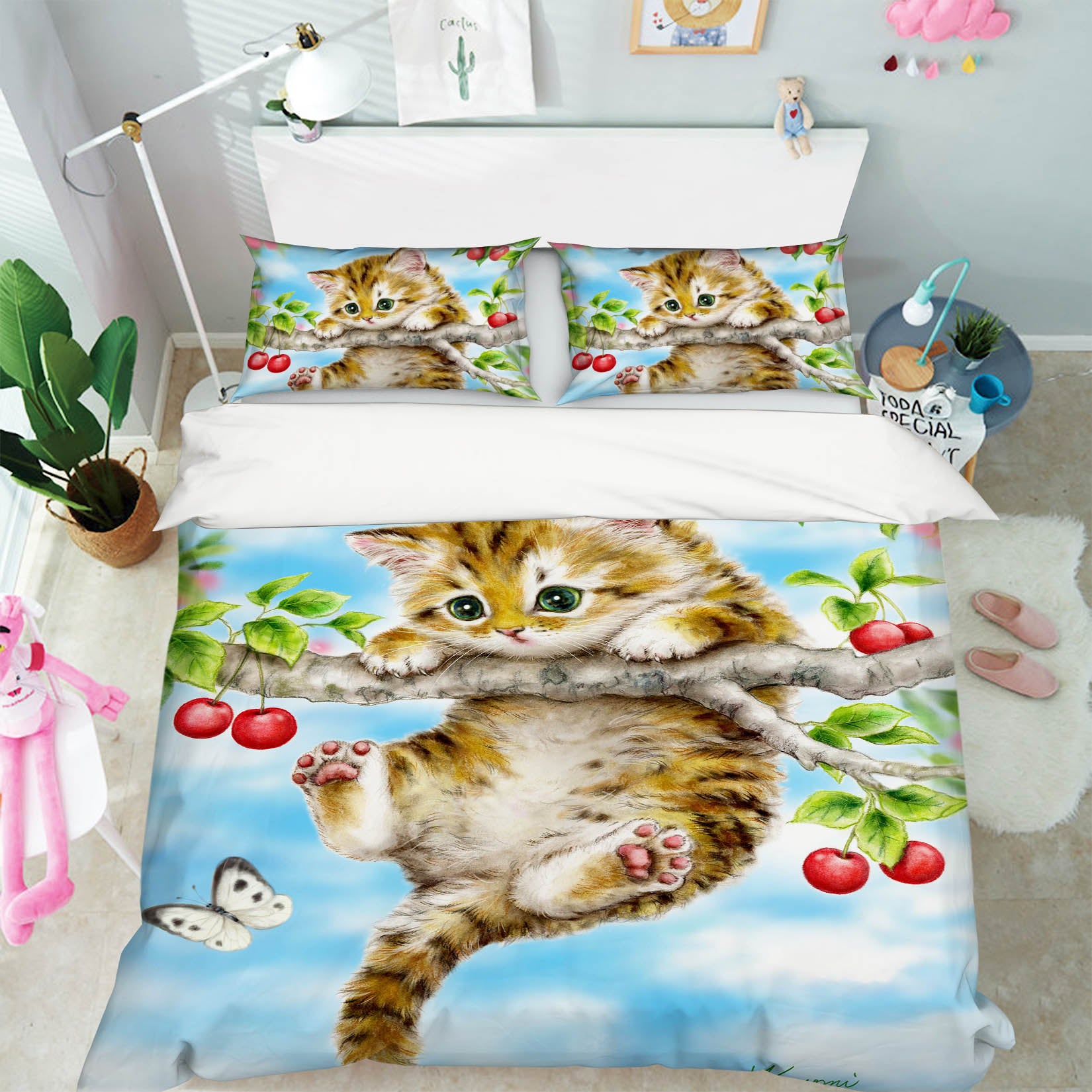 3D Cherry Cat Butterfly 5918 Kayomi Harai Bedding Bed Pillowcases Quilt Cover Duvet Cover