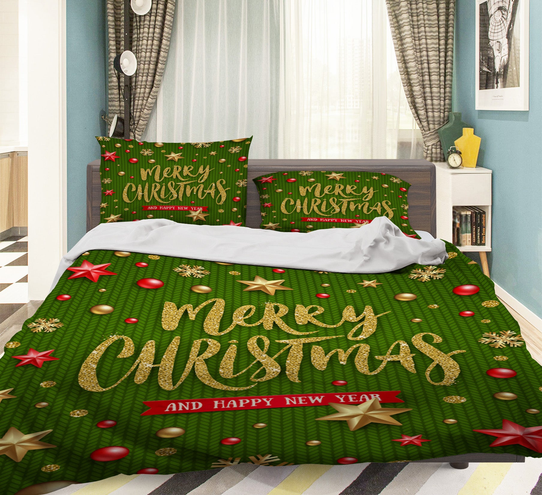 3D Green Background Golden Stars 53007 Christmas Quilt Duvet Cover Xmas Bed Pillowcases