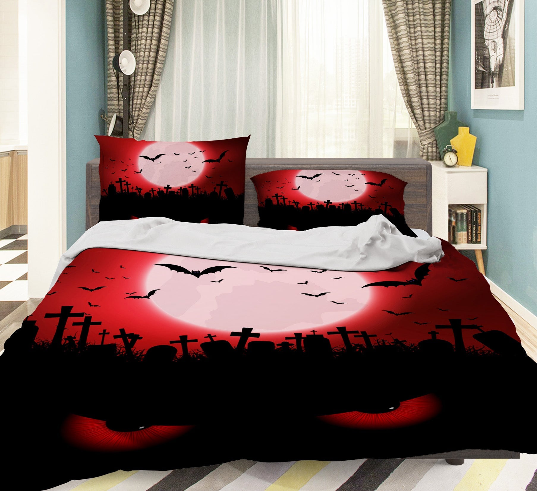 3D Red Moon Bat 1202 Halloween Bed Pillowcases Quilt Quiet Covers AJ Creativity Home 