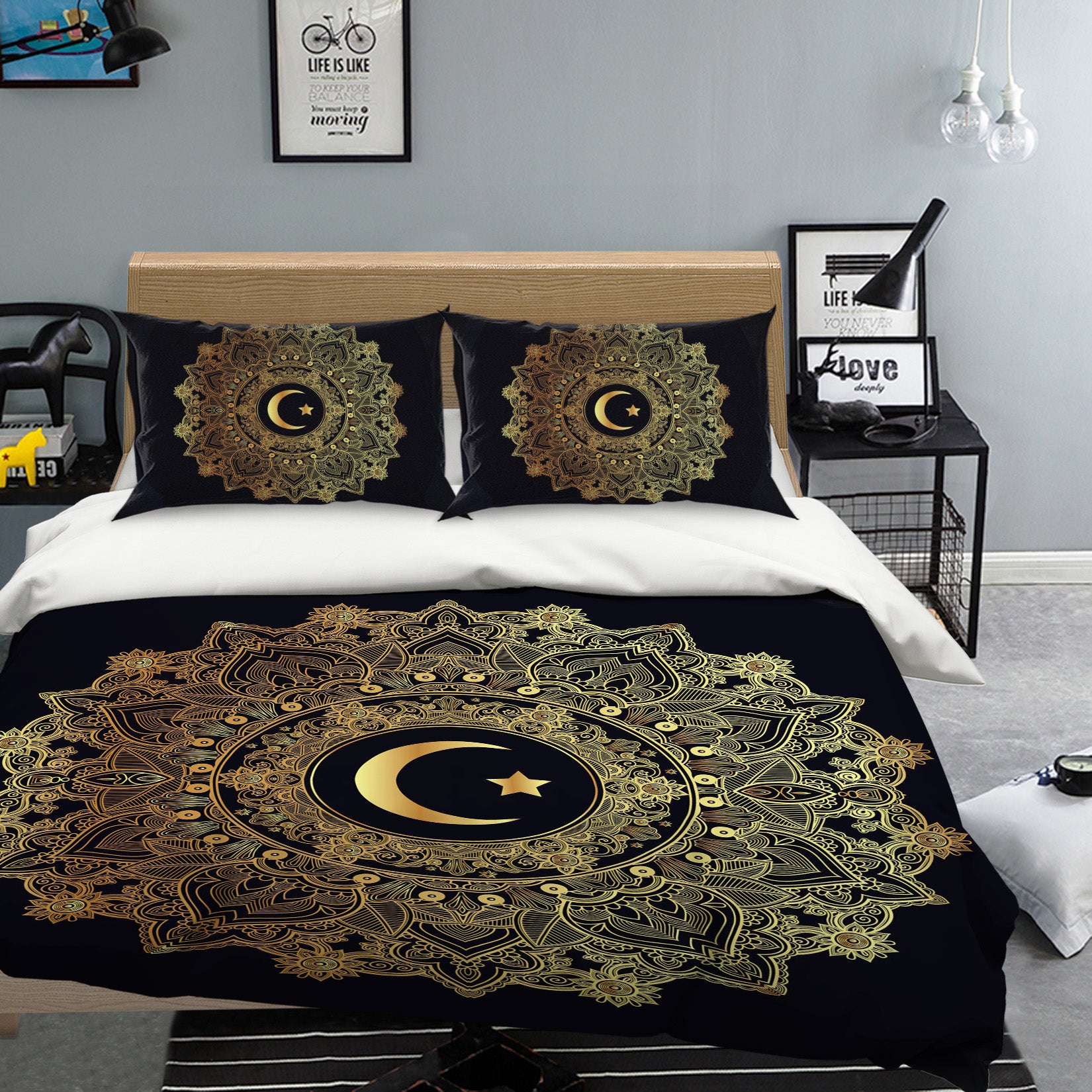 3D Moon Golden Pattern 67047 Bed Pillowcases Quilt