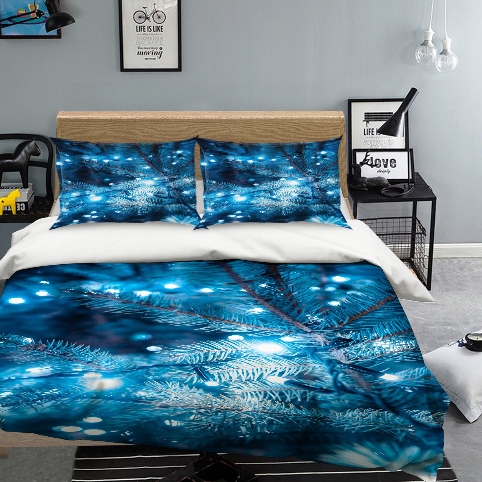 3D Branches Blue Light 52209 Christmas Quilt Duvet Cover Xmas Bed Pillowcases