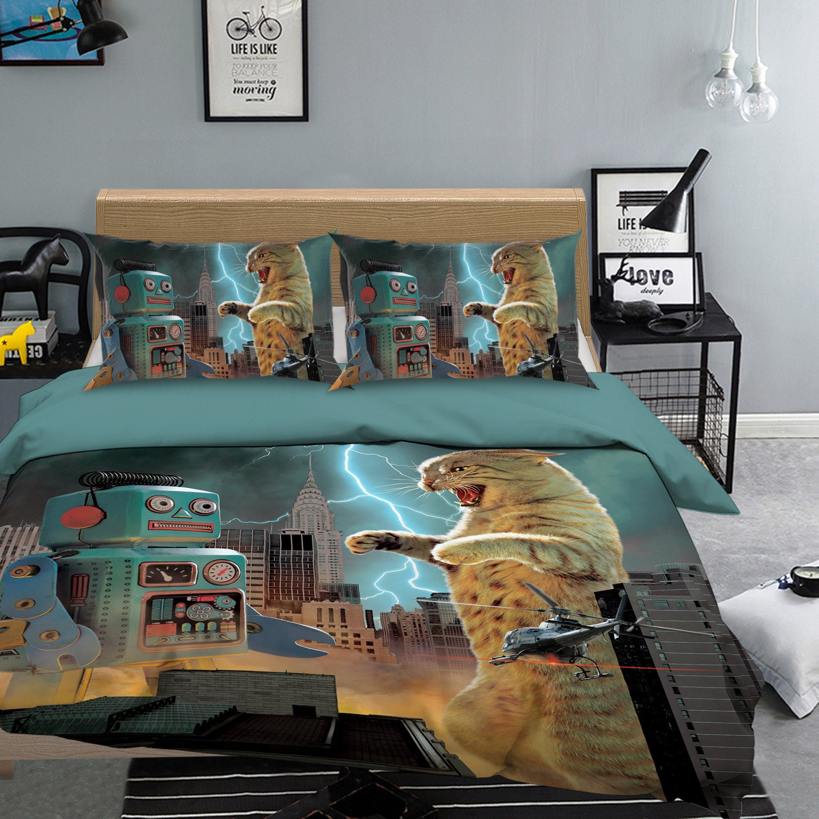 3D Catzilla Vs Robot Def 028 Bed Pillowcases Quilt Exclusive Designer Vincent