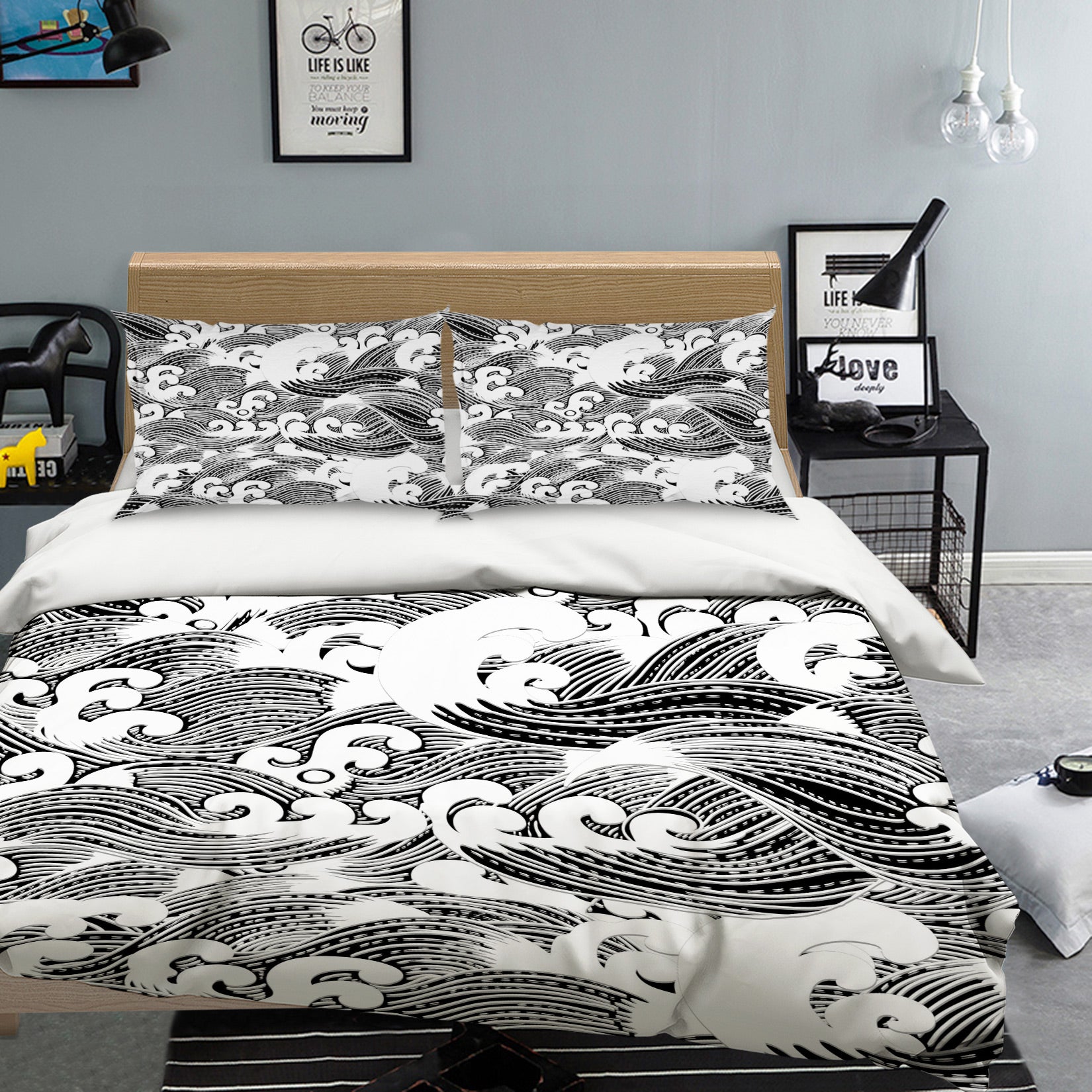 3D Black Gray Waves 67063 Bed Pillowcases Quilt